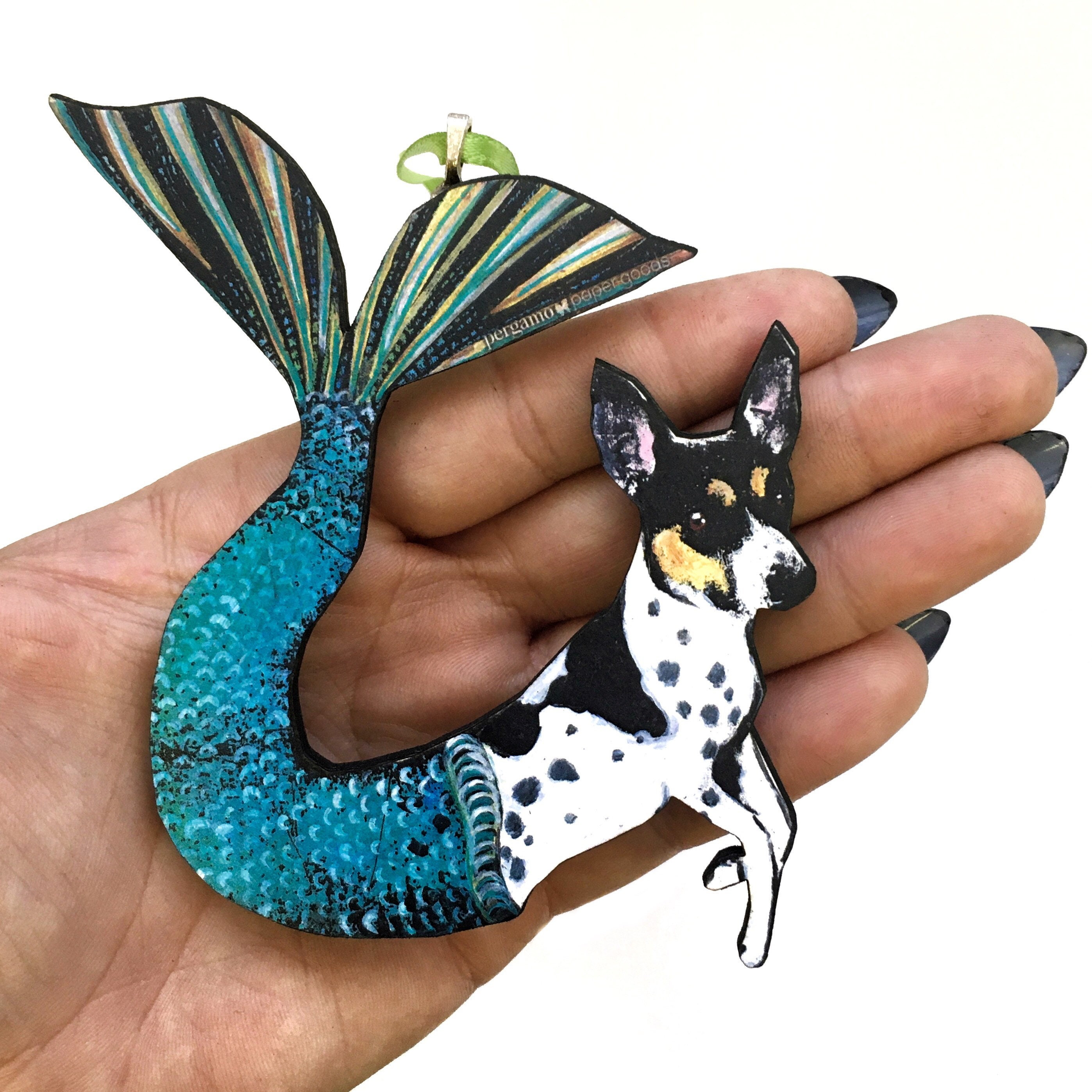 Mermaid Dog Ornament, Wood Illustrated Rat Terrier Christmas Laser Cut Ornament, Dog Mom Gift, Memorial Gifts for Dog Lovers, Wholesale - Thumbnail 2