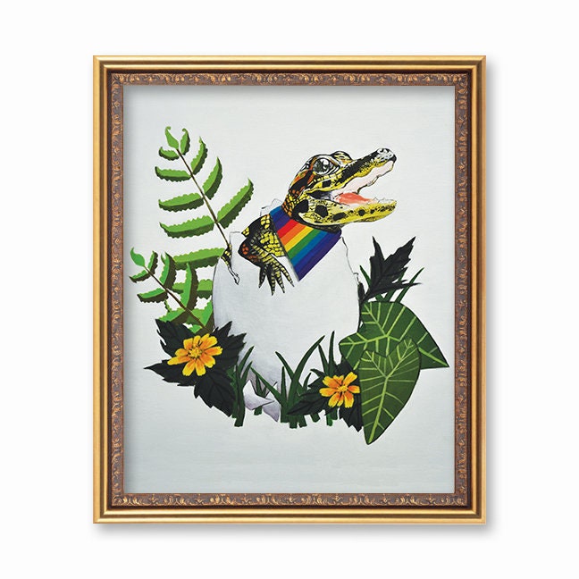 Gay Art, Rainbow 8x10" Alligator Art Print Gator, Gay Pride, Gay Wedding Marriage, Weird Art, Lesbian Pride Anniversary LGBTQ Queer Trans Bi