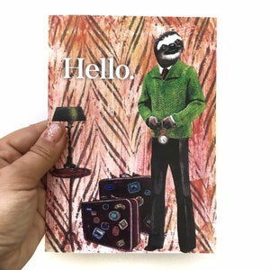 Sloth Card, Tarjetas de Amistad, Regalo retro perezoso, Penpal Snail Mail, Hola Animal Weird Art, Tarjeta de Hombre para Hombres, Vintage Travel Papelería