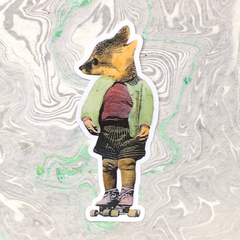 May include: A sticker featuring a whimsical illustration of a deer-like figure wearing a green jacket, striped shirt, and shorts, standing on roller skates. The figure's head is a deer's, with a light brown and tan color. The background is a marbled pattern.