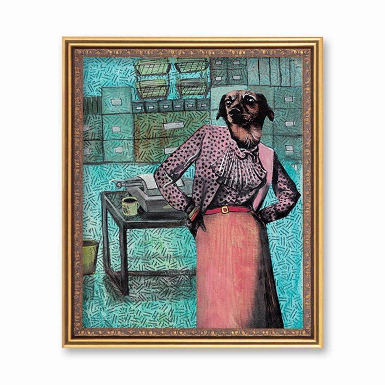 Dog Art Print, Weird Art, 8x10 Boss Lady Gift, Vintage Wall Art, Retro Office Decor, Mixed Media Dog Lover Art Dog Mom Gifts Animal Rescue image 1