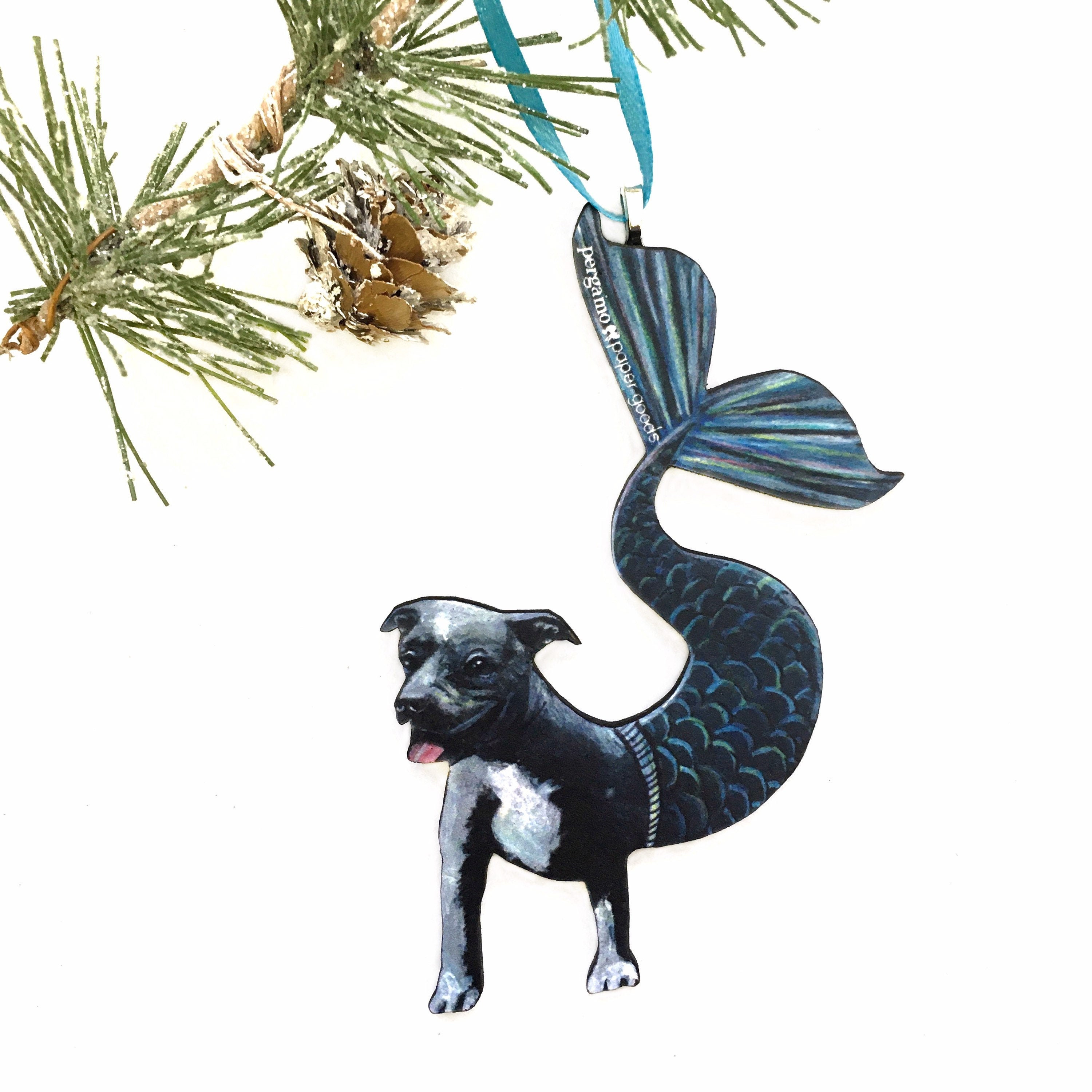 Blue Pitbull Ornament, Christmas Pet Memorial Gift, Wood Illustrated Mermaid Laser Holiday Ornaments, Dog Mom Gifts for Dog Lovers Wholesale