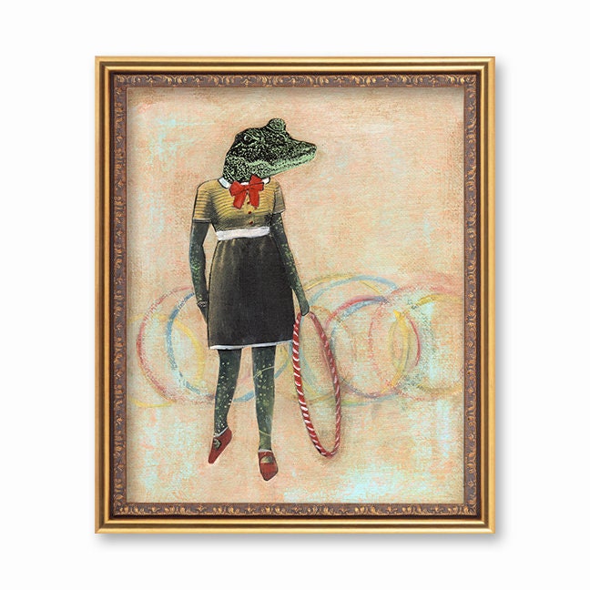 Florida Alligator Art Print, 8x10 Hula Hoop Reptile Wall Decor, FL Gifts Retro Animal Weird Art, Mixed Media Signed, Vintage Crocodile Gift - Thumbnail 3