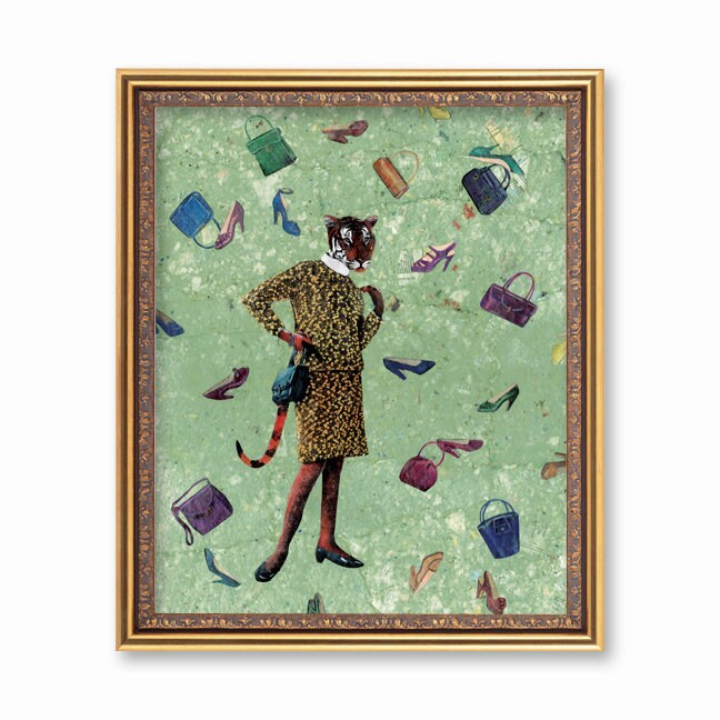 Vintage Tiger Art Print, Maximalist Home Decor, Kitschy Retro Fashion Housewarming Gift, Weird Art, Kitsch Decor Gifts, Collage Illustration