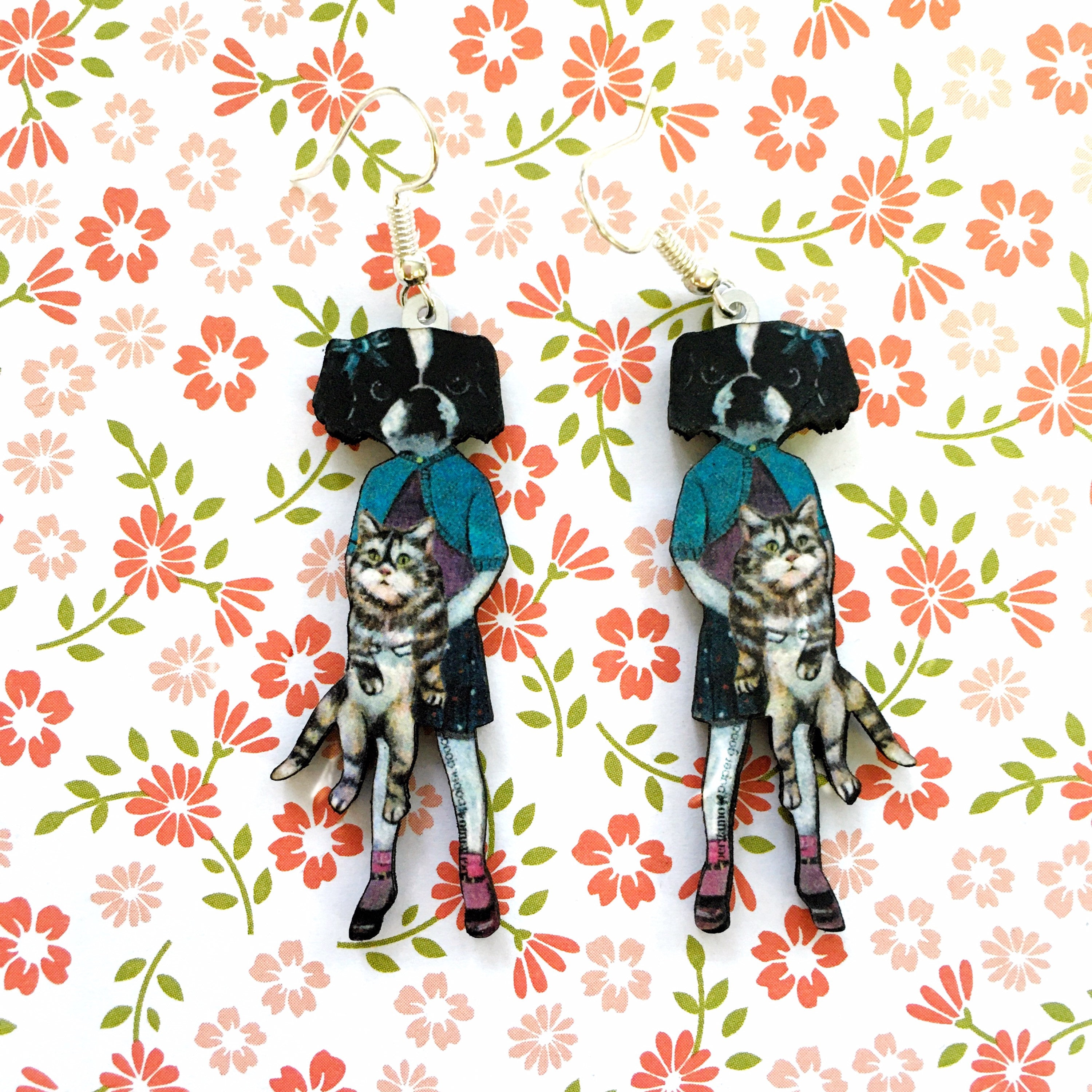 Quirky Earrings, Weird Art, Unusual Dog Earrings, Surreal Japanese Chin Gift, Illustrated Dressed Up Animal Jewelry Laser Cut Wood Gifts - Thumbnail 4