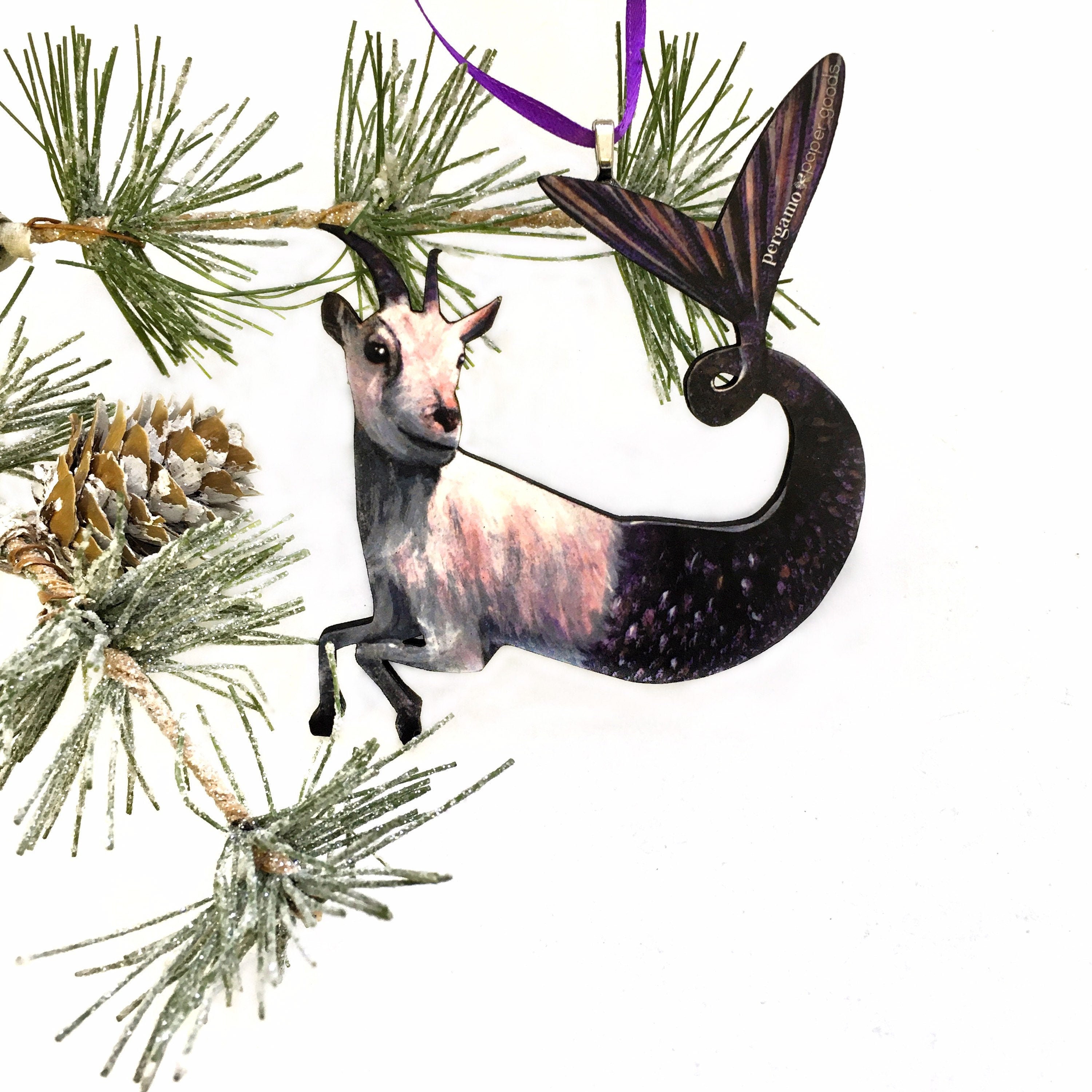 Capricorn Ornament, Mermaid Goat Christmas Decoration, Illustrated Zodiac Gift, Stocking Stuffer Weird Gifts, Wood Farm Holiday Decor