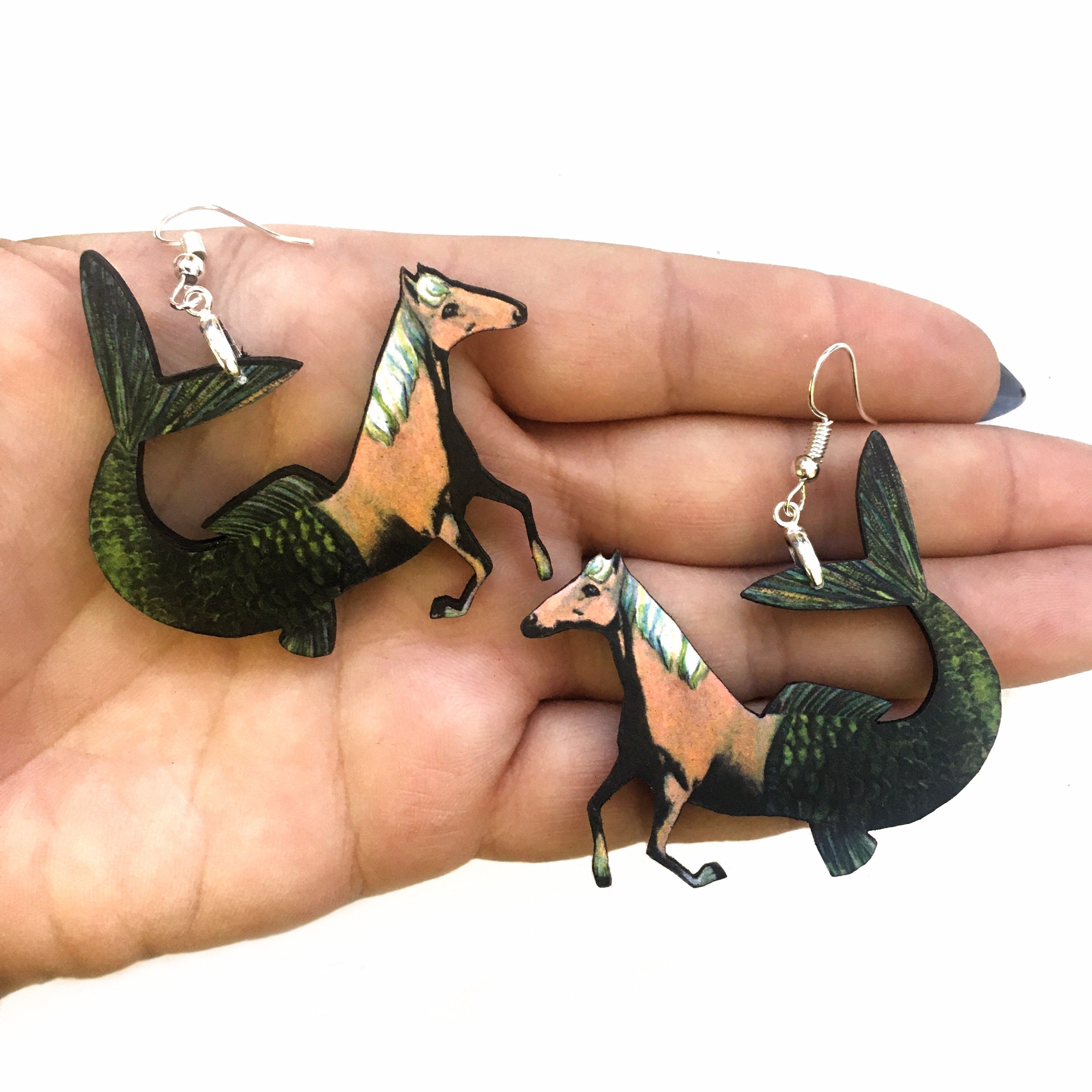 Fantasy Horse Earrings, Mermaid Horse Jewelry, Weird Earrings, Kitsch Clip On Earrings, Surreal Illustrated Retro Art, Vintage Horse Girl - Thumbnail 2