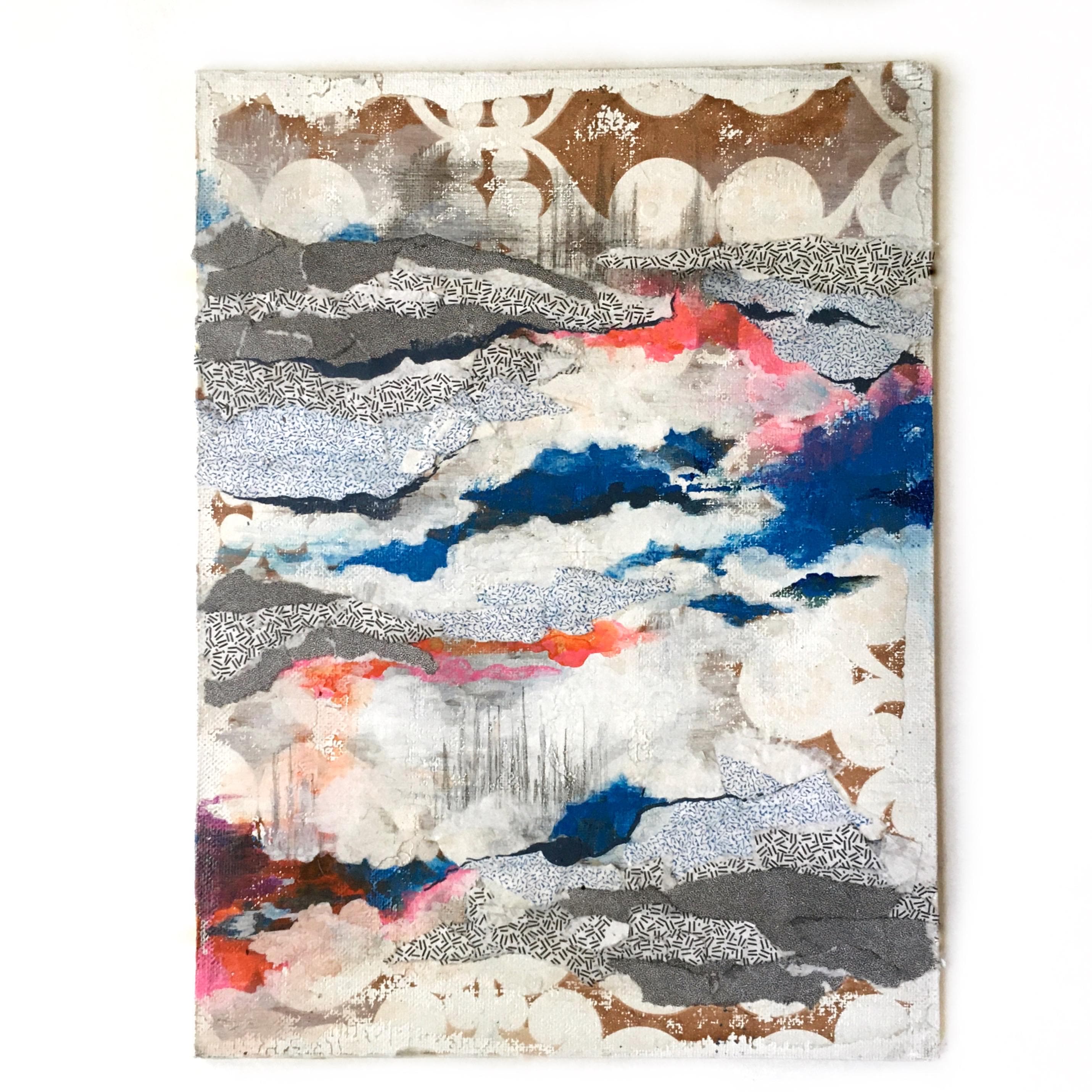 Clouds Abstract Art, Mountain Landscape Cave Inspired Colorful Mixed Media Art, Collage Wall Painting, Original Acrylic Wall Art