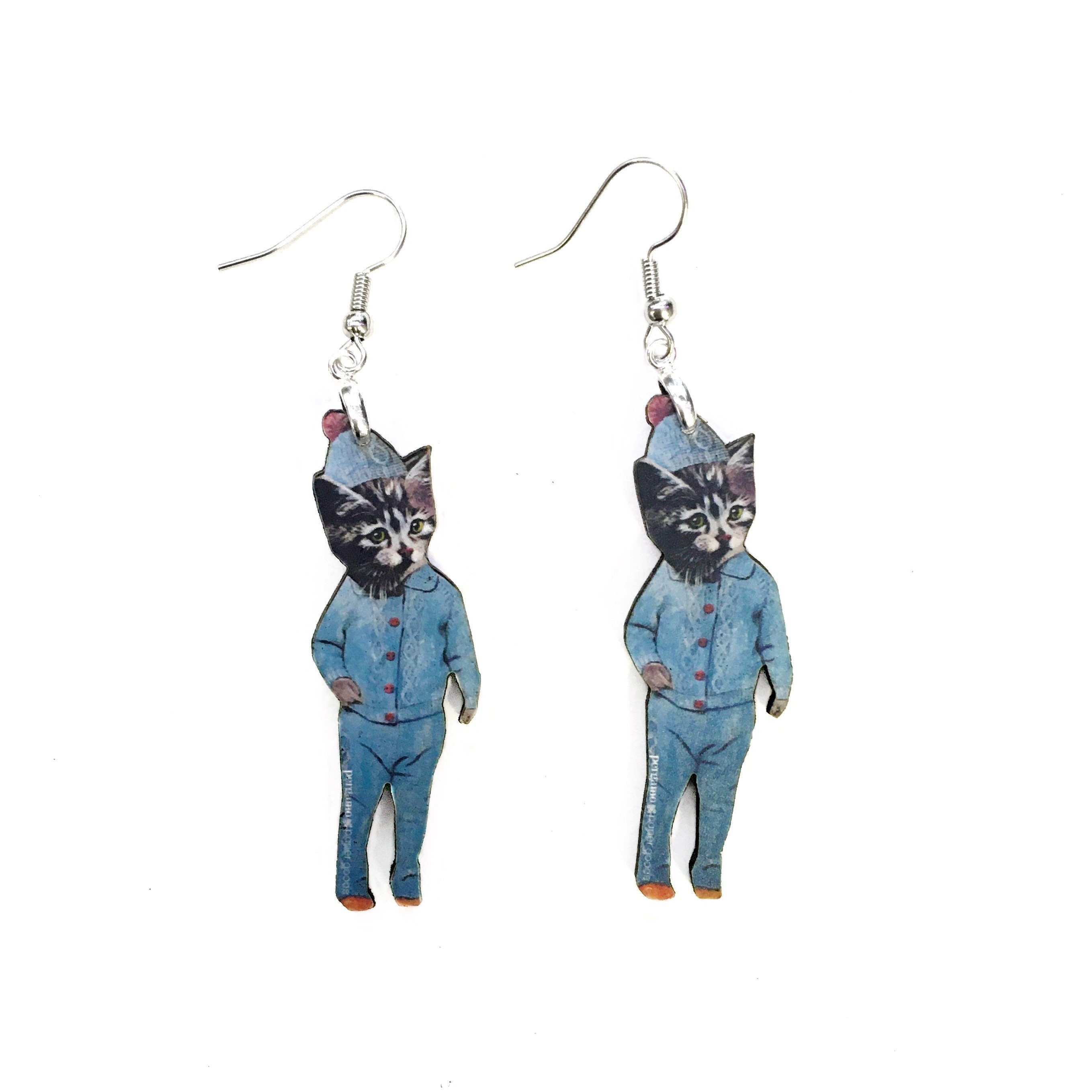 Cat Earrings, Weird Kitsch Kitten Jewelry, Funky Quirky Stainless Steel Dangle Earrings, Illustrated Retro Cat Art, Vintage Illustration,