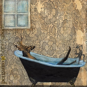 May include: A black and white illustration of a deer taking a bath in a clawfoot bathtub. The deer's antlers are visible above the water. The bathtub is set against a background of a brown and black floral pattern.