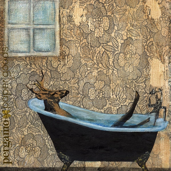 Animal Bathroom Art Print, 8x10" Bath Deer in Bathtub tub, Vintage Home Decor, Retro Weird Gifts for Him, Gift for Dad, Father's Day Antlers