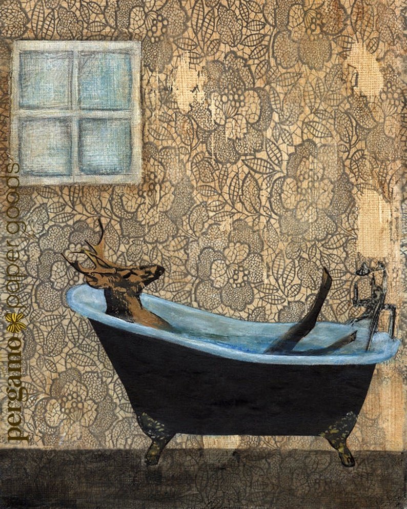 May include: A black and white illustration of a deer taking a bath in a clawfoot bathtub. The deer's antlers are visible above the water. The bathtub is set against a background of a brown and black floral pattern.