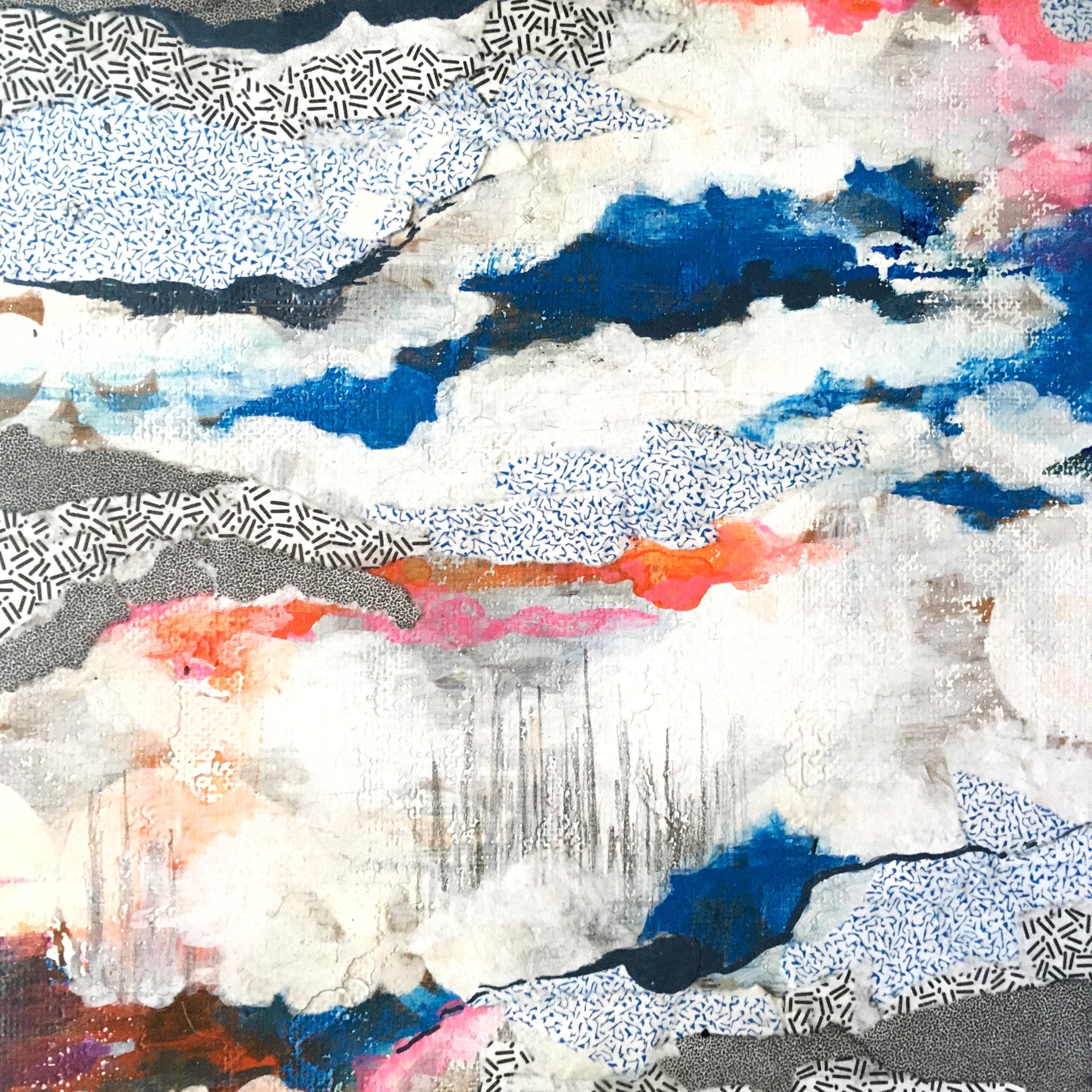 Clouds Abstract Art, Mountain Landscape Cave Inspired Colorful Mixed Media Art, Collage Wall Painting, Original Acrylic Wall Art - Thumbnail 3