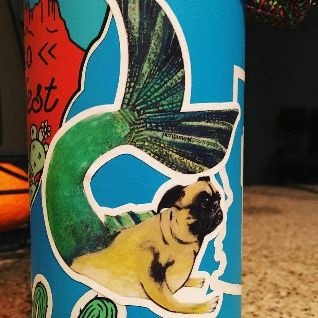 Mermaid Pug Sticker, Dog Mermaid Stickers, Laptop VSCO Vinyl Decals, Outdoor Car Phone, Fantasy Veterinarian Puggle Mom Decal Macbook Flask - Thumbnail 5