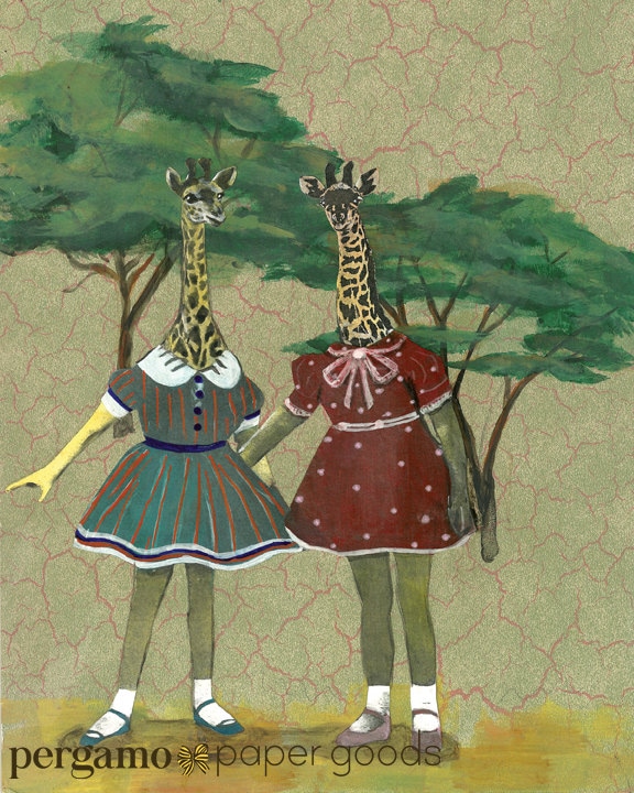 Giraffe Girls Art Print, 8x10 Retro Best Friends Gifts, Lesbian Animals Gift, Marriage Equality, African Wildlife, Sister Giraffes, LGBTQ