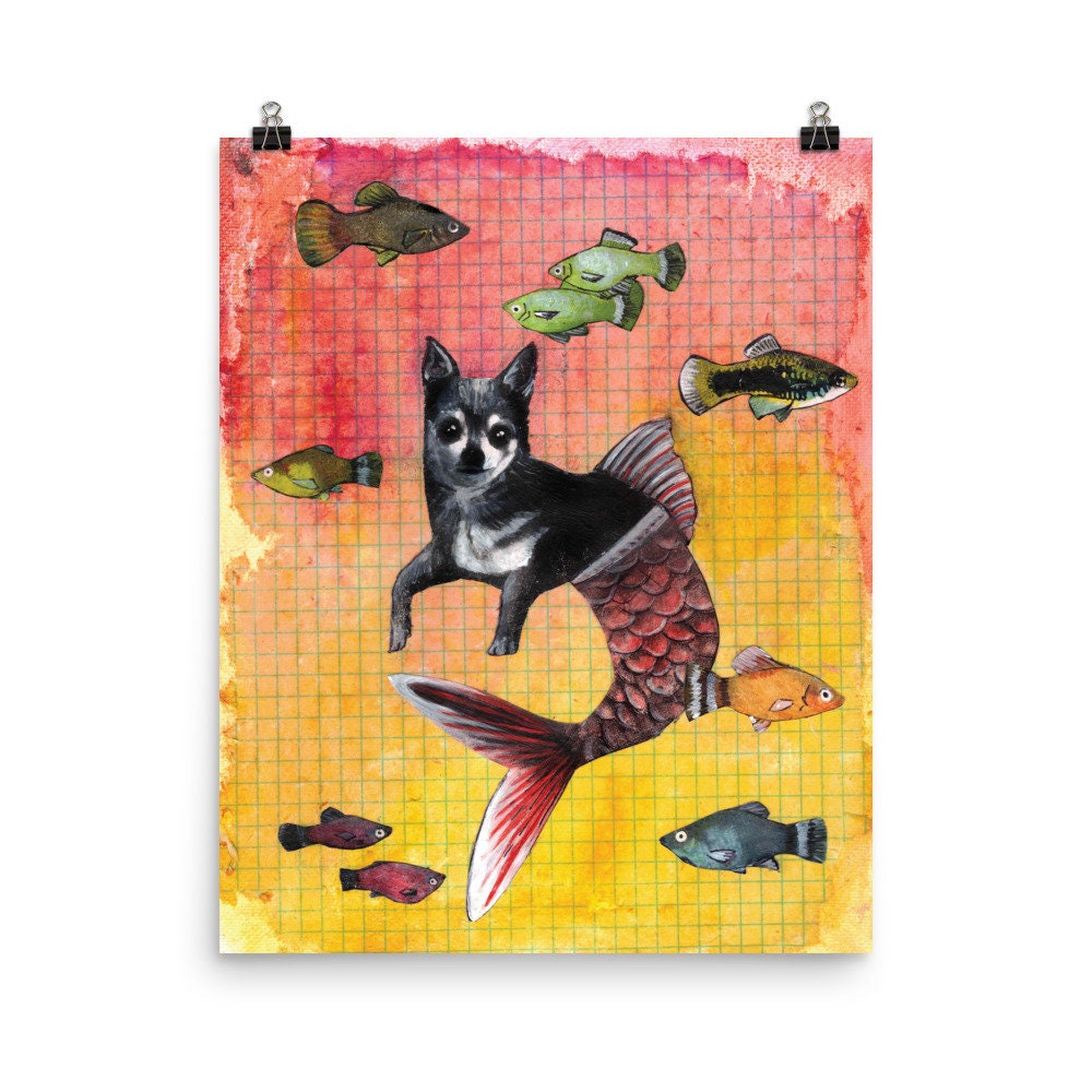 Chihuahua Art Print, 16x20 Mermaid Dogs, Bathroom Decor, Adopt Don't Shop, Chihuahua Gift, Dog Mom Gifts, Weird Art Mermaids, Animal Rescue
