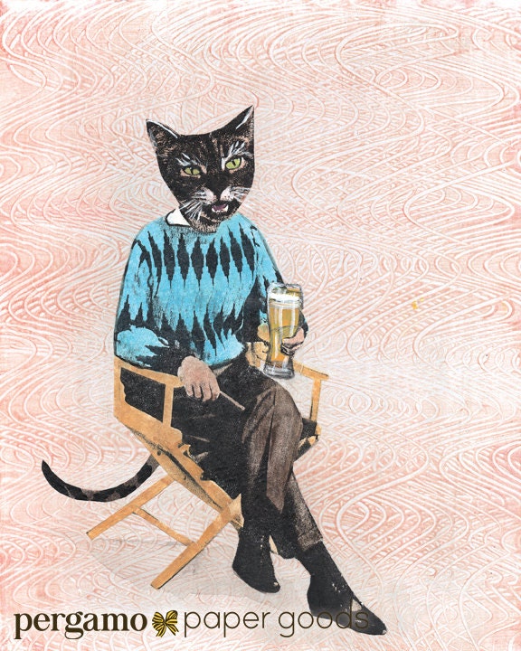 Beer Cat Art Print, 8x10 Cat Wall Art, Handmade Cat Decor, Cat Lover, Beer Lover, Beer Wall Art, Giclee Print, Vintage Mixed Media Collage - Thumbnail 3