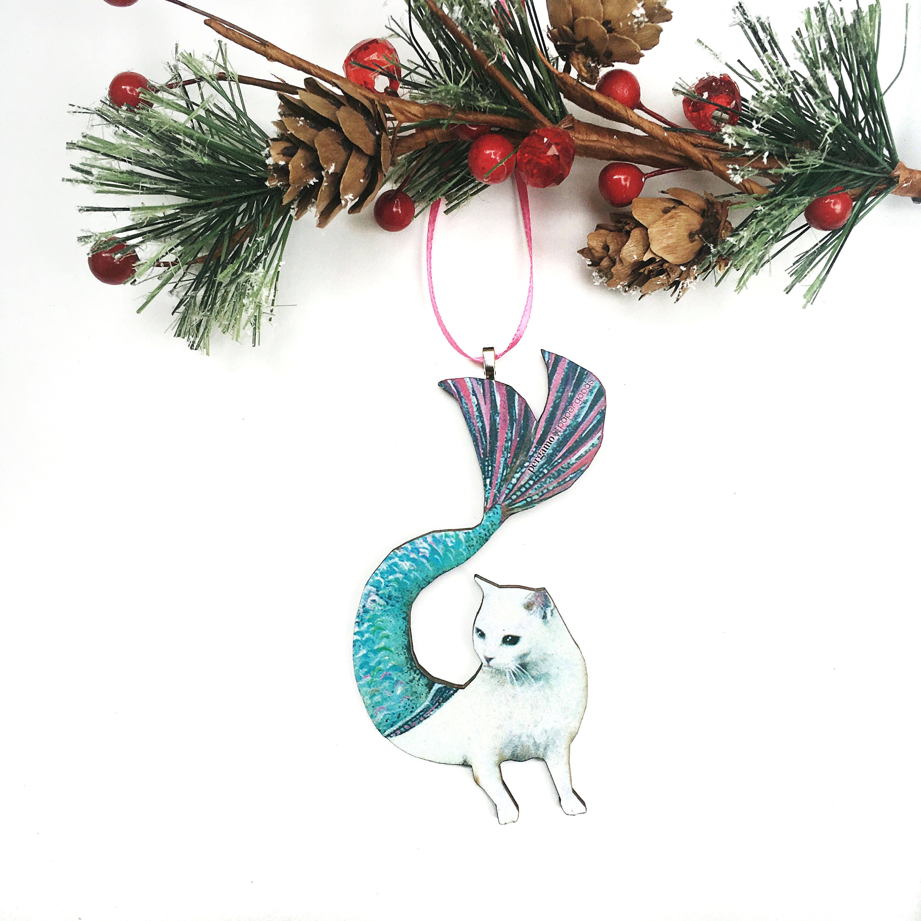 Mermaid Cat Ornament, Collectible Christmas Decoration Ornaments, Weird Gift, Laser Cut Wood, Animal Rescue Foster Gifts for Cat Lovers - Thumbnail 3