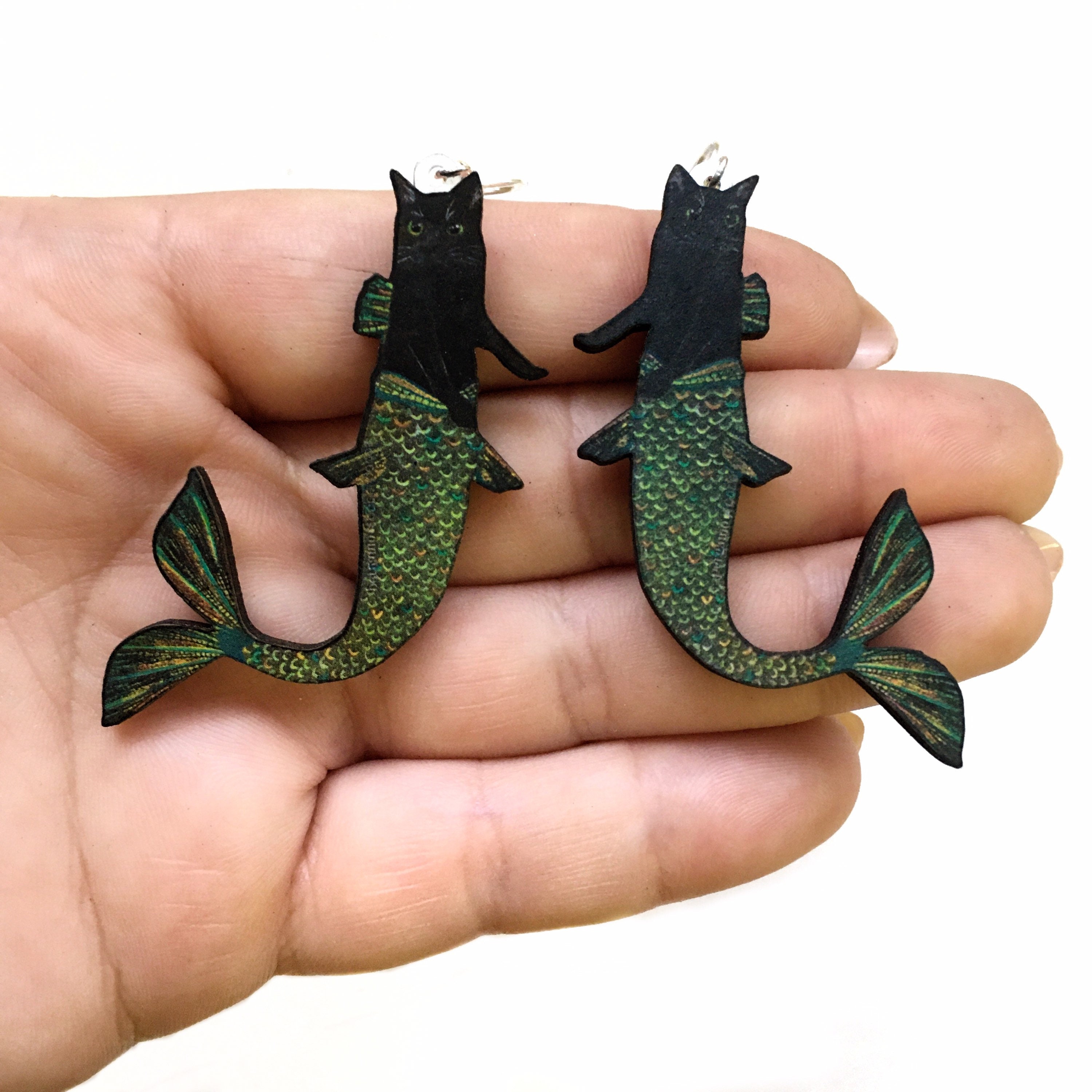 Black Cat Earrings, Mermaid Cat Jewelry, Laser Cut Wood Dangle Earrings, Illustrated Retro Kitten, Weird Vintage Halloween Gifts, Clip On - Thumbnail 2