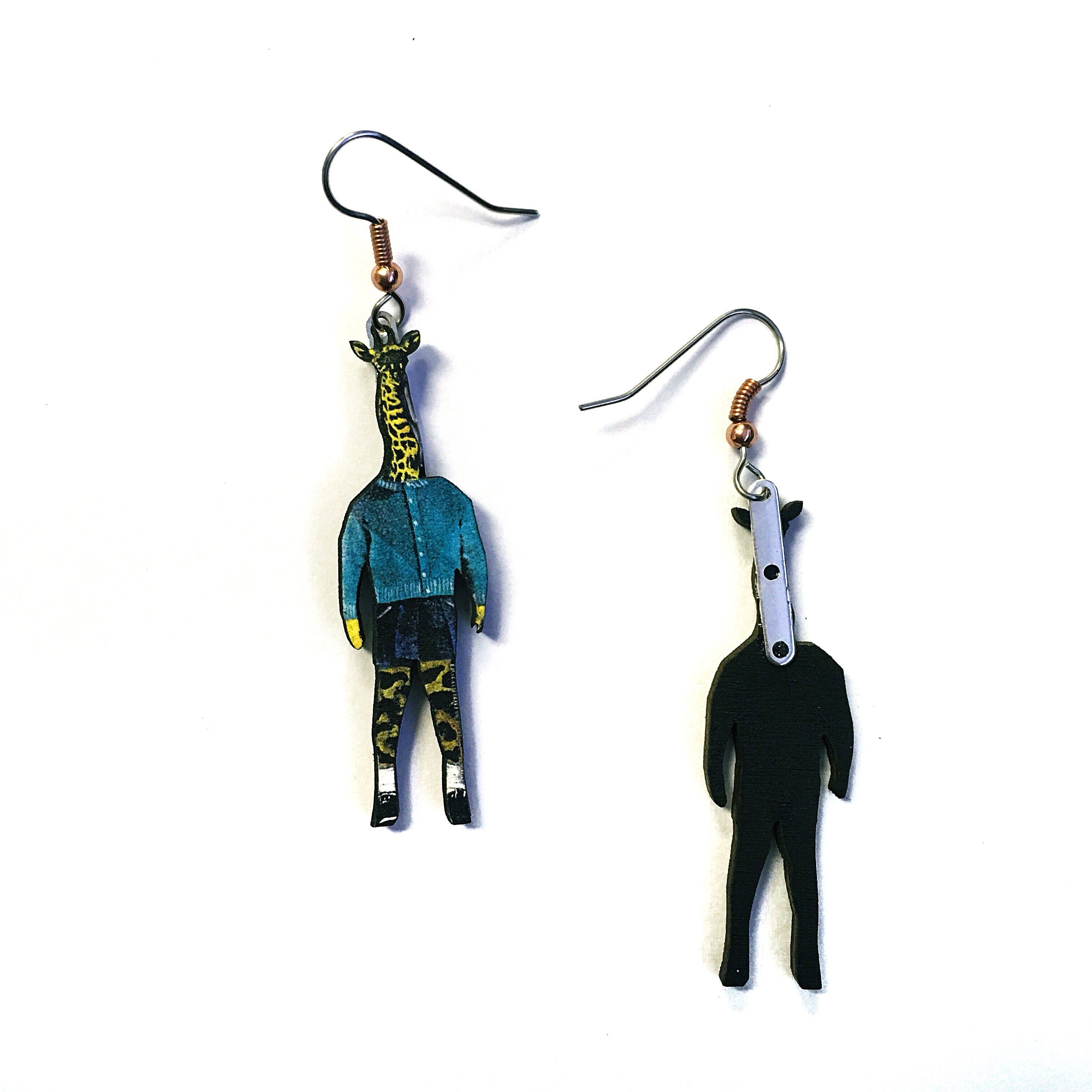 Weird Earrings, Giraffe Jewelry, Surreal Kitsch Animal Earrings, Surgical Steel Vintage Retro Illustrated Dressed up Animals, Clip On Option - Thumbnail 3