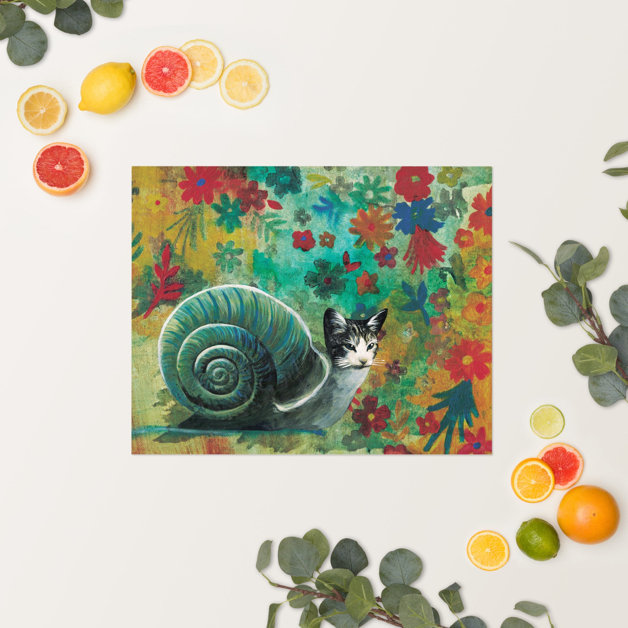 Weird Cat Art Poster 16x20", Snail Gifts, Housewarming Gift, Weird Art Cat Lover, Giclee Print, Art for Animal Lovers, Dorm Cat Mom Rescue - Thumbnail 3
