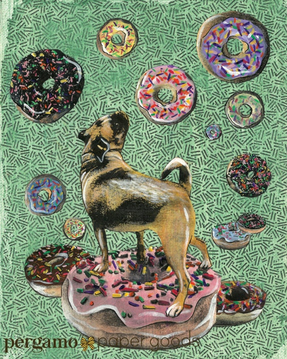 Donut Pug Art Print, 8x10" Funny Dog Wall Art, Weird Puggle Gifts, Donut Lover Decor, Mixed Media Collage, Donut Shop, Animal Rescue Dogs