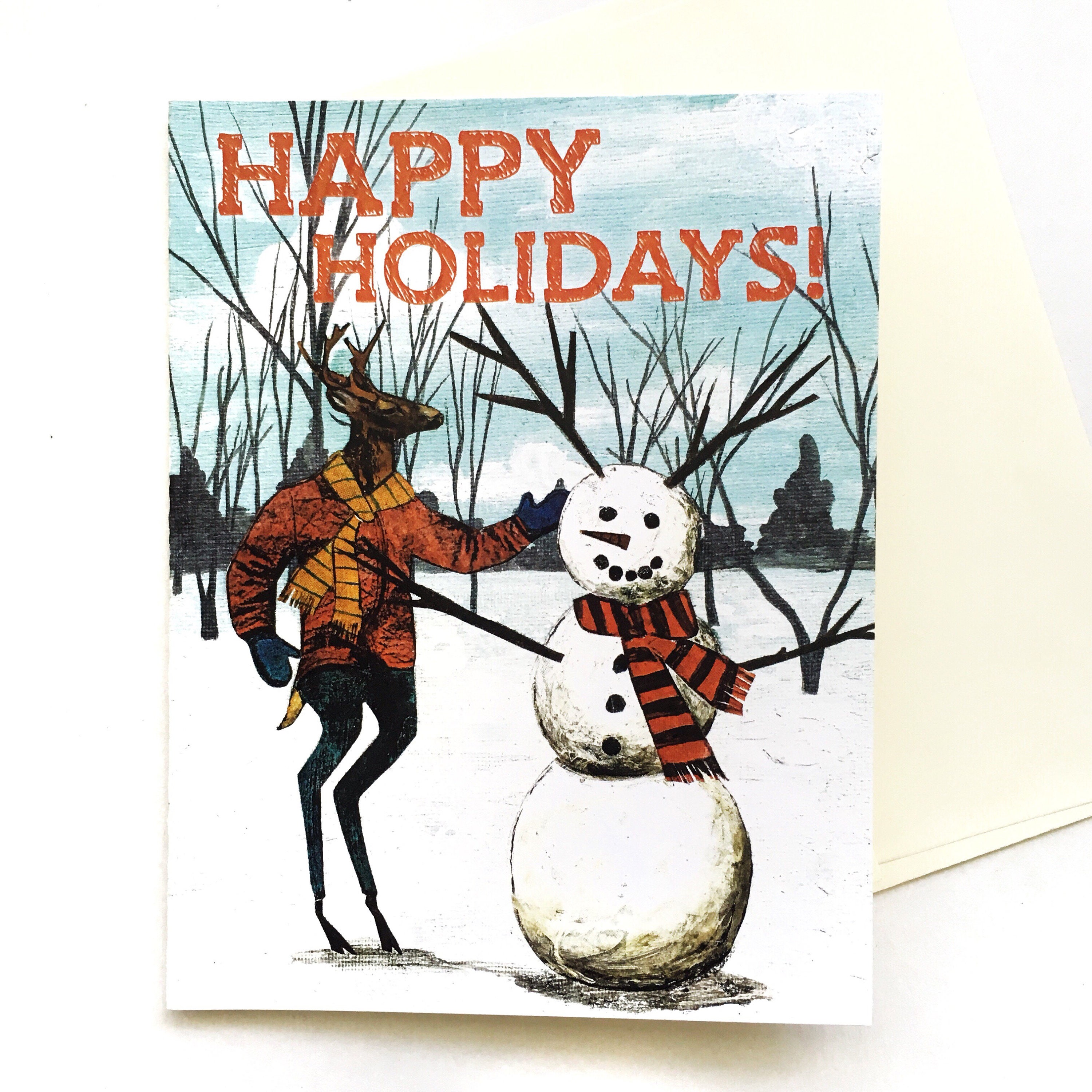 Holiday Deer Cards or Card Set, Happy Holidays Funny Snowman, Retro Unique Christmas Stationery, Rustic Weird Art Illustrated Wholesale