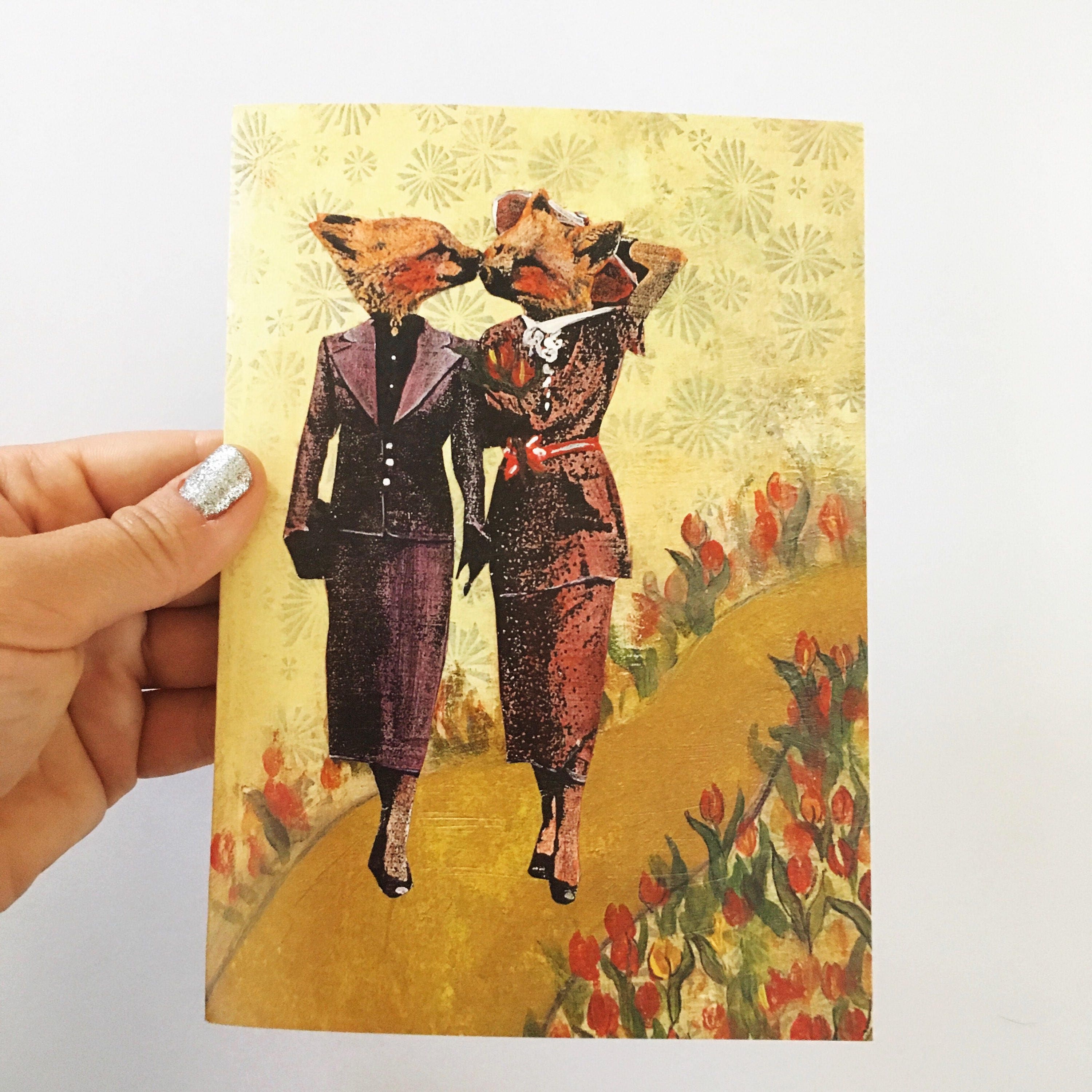 Illustrated Lesbian Card, Kissing Gay Foxes Greeting Cards, Lesbian Wedding Anniversary, Women Marriage, LGBTQ LGBT Queer Bisexual Love - Thumbnail 3