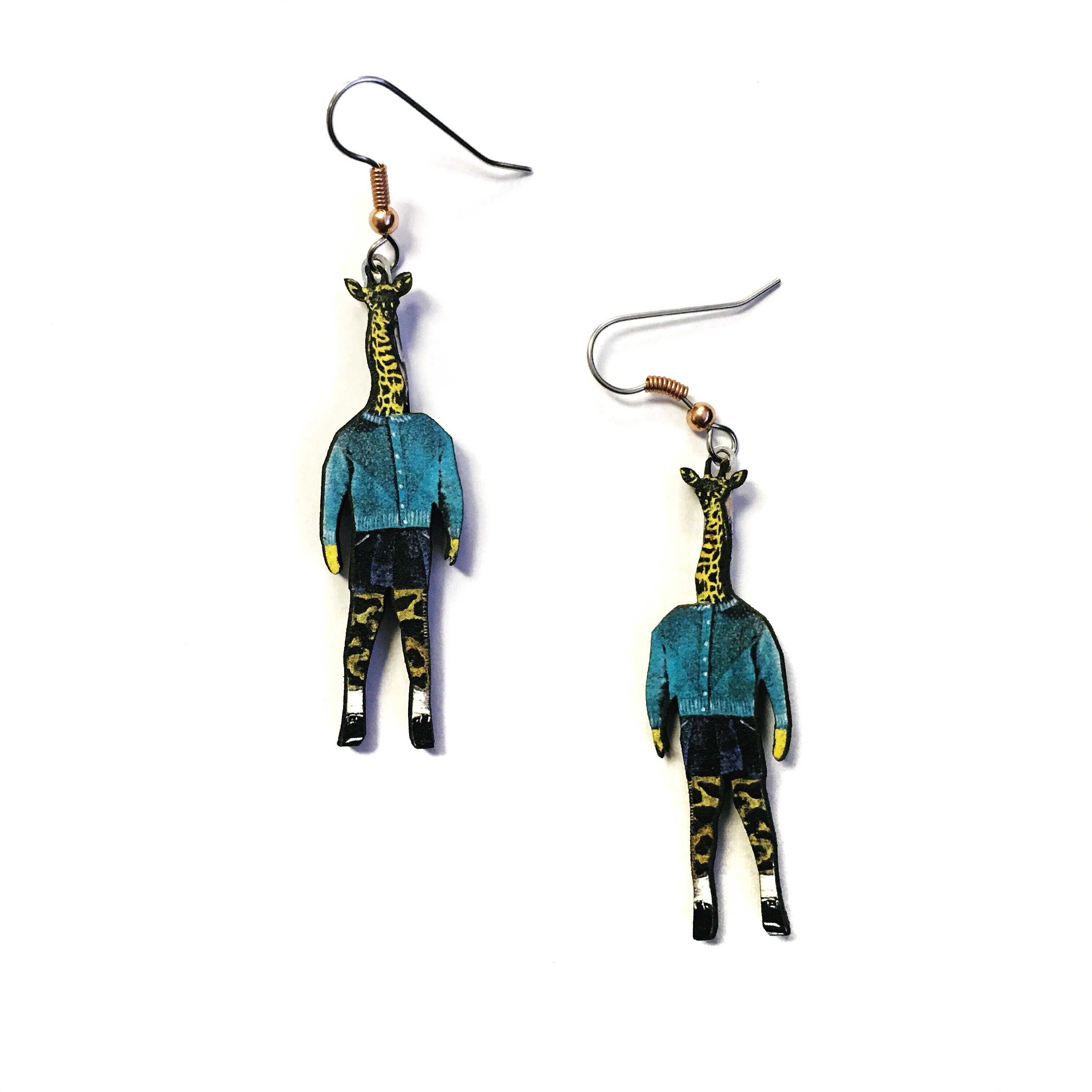 Weird Earrings, Giraffe Jewelry, Surreal Kitsch Animal Earrings, Surgical Steel Vintage Retro Illustrated Dressed up Animals, Clip On Option