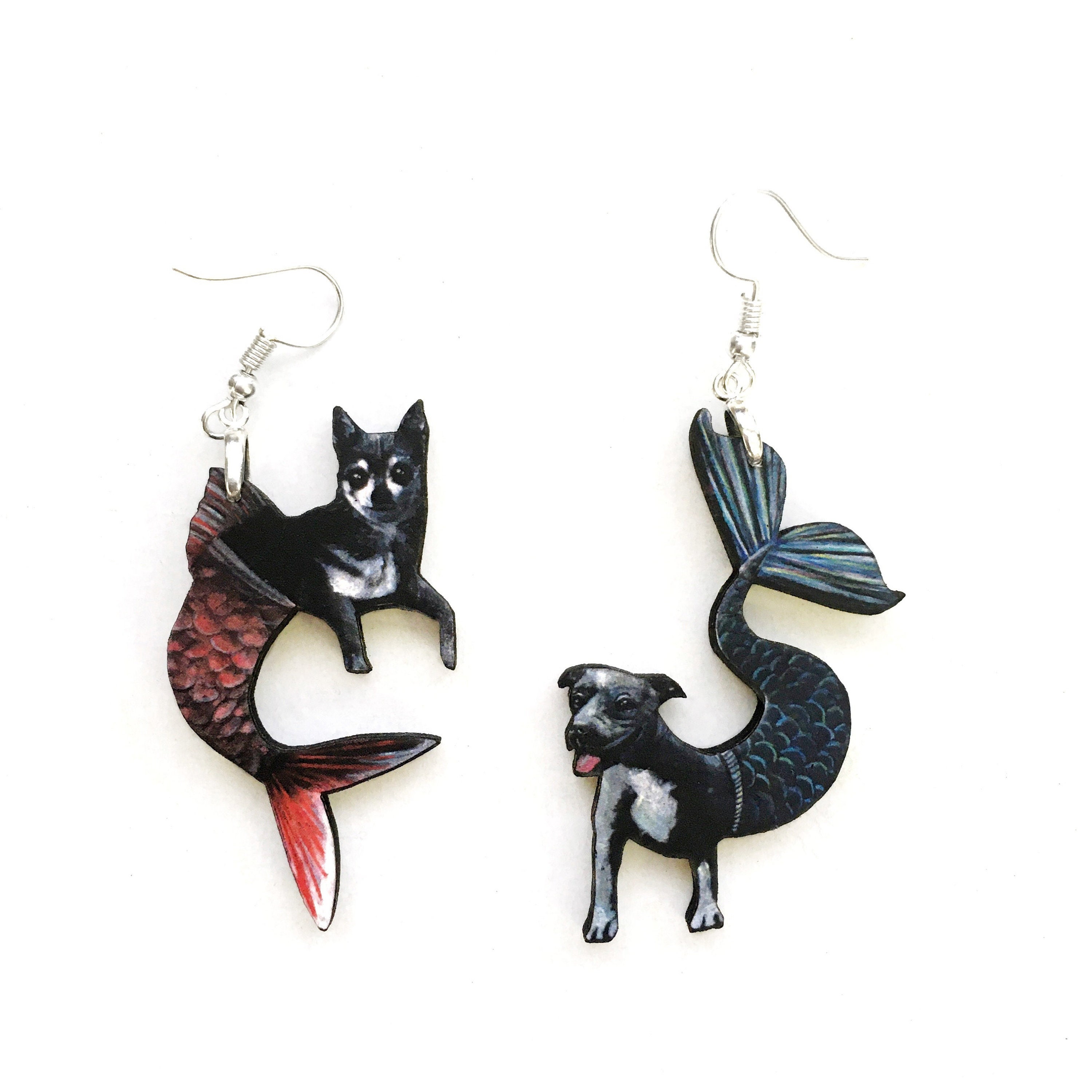 Pitbull Chihuahua Earrings, Mismatched Mermaid Dog Jewelry, Weird Earrings Kitsch Lightweight Dangle Earrings Surreal Illustrated Retro Art