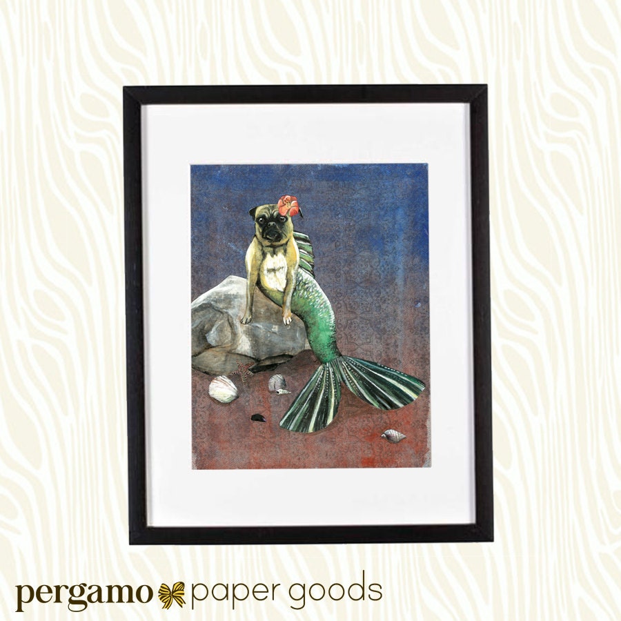Mermaid Pug Print, 8x10" Pug Wall Art, Dog Mermaid Lover Decor, Weird Pug Lover Gift, Unique Beach House, Vintage Mixed Media Collage Gifts - Thumbnail 3