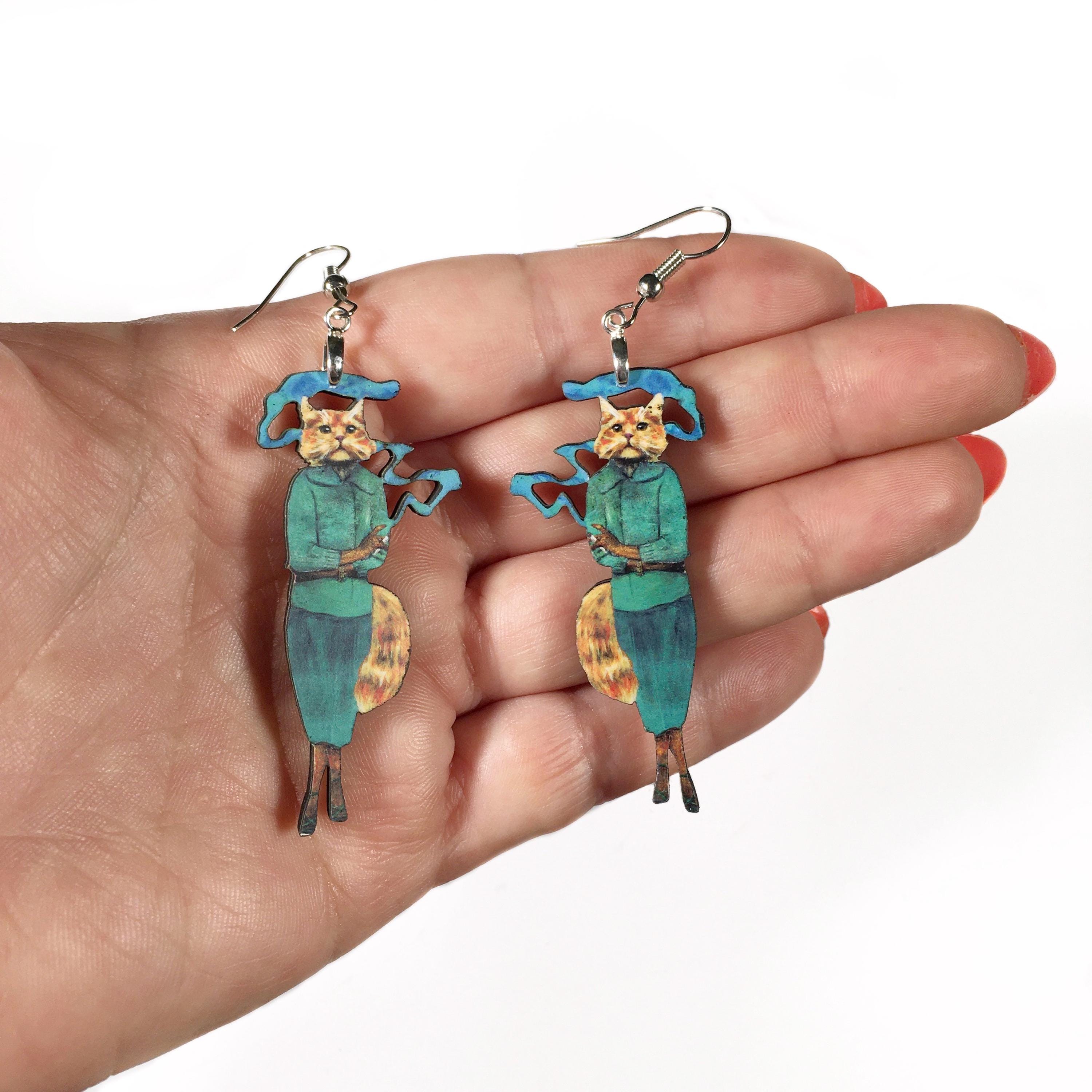 Cannabis Cat Earrings, Weird Lightweight Wood Animal Jewelry, Surgical Steel Dangle Clip On Illustrated Dressed Up Cat Smoking Funny - Thumbnail 4