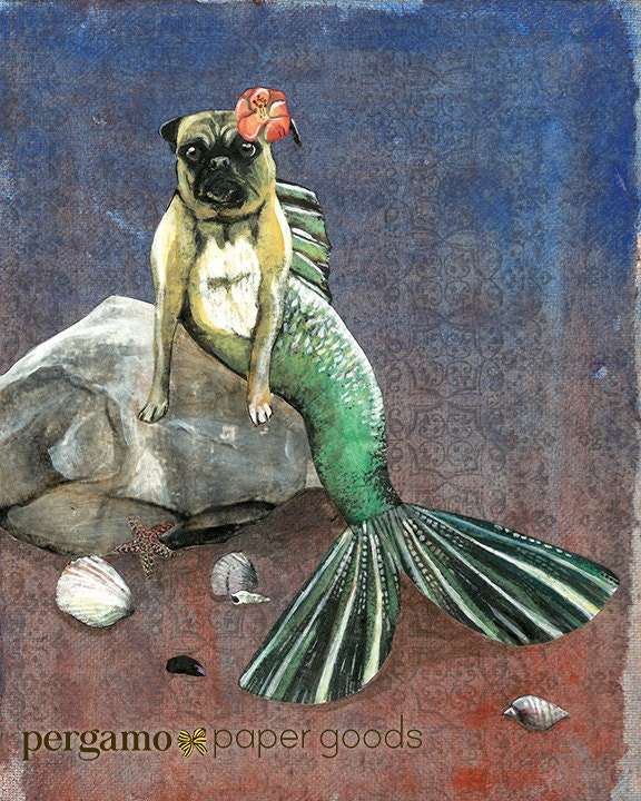 Mermaid Pug Print, 8x10" Pug Wall Art, Dog Mermaid Lover Decor, Weird Pug Lover Gift, Unique Beach House, Vintage Mixed Media Collage Gifts