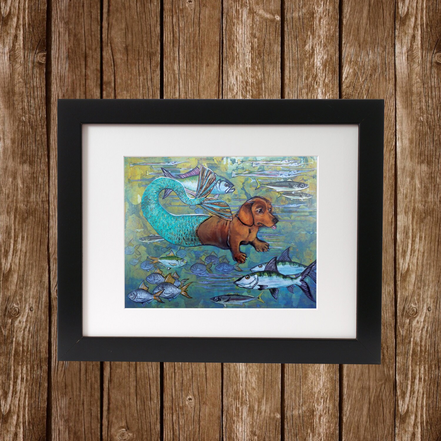 Mermaid Dachshund Art Print, 8x10 Dog Mermaid Lover Decor, Beach House Wall Art Weird, Vintage Mixed Media Dogs Illustration, Animal Rescue - Thumbnail 3