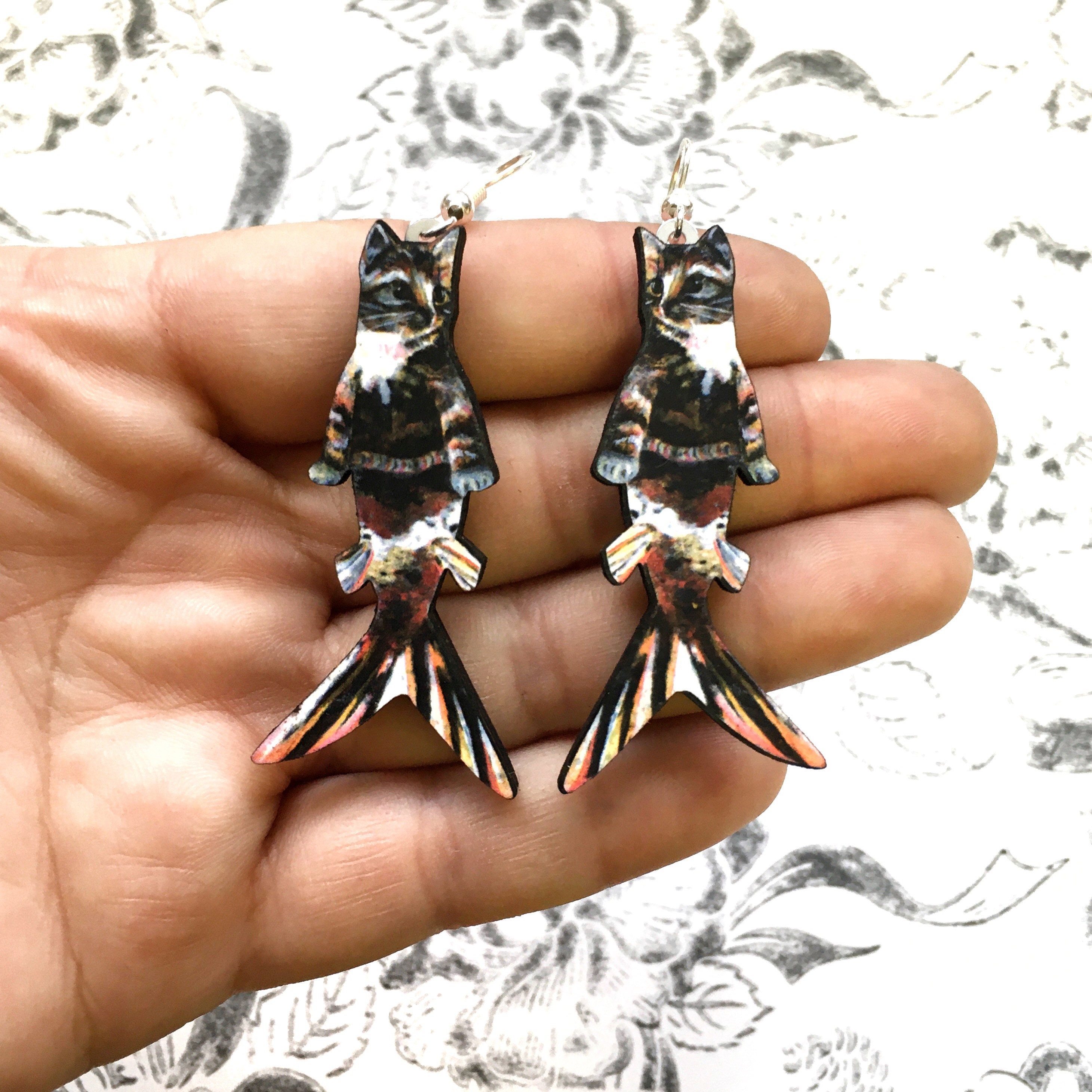 Orange Cat Earrings, Mermaid Cat Jewelry, Catfish Weird Kitsch Earrings, Stainless Steel Dangle Earrings, Illustrated Retro Calico Cat Art