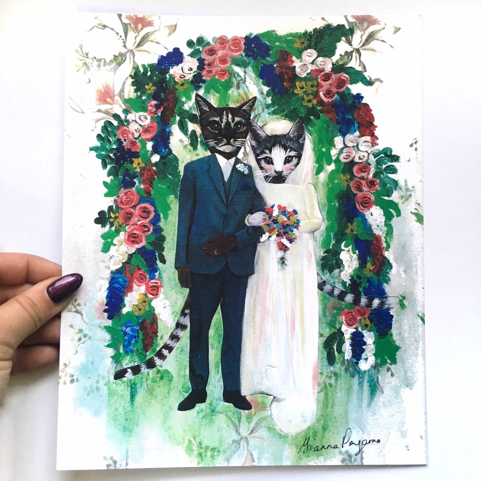 Cat Wedding Art Print, 8"x10" Wedding Gift, 2nd Anniversary Gift, Shabby Chic Cat Lover Gift, Cat Mom, Cat Lady, Calico Cat Engagement Gift - Thumbnail 2