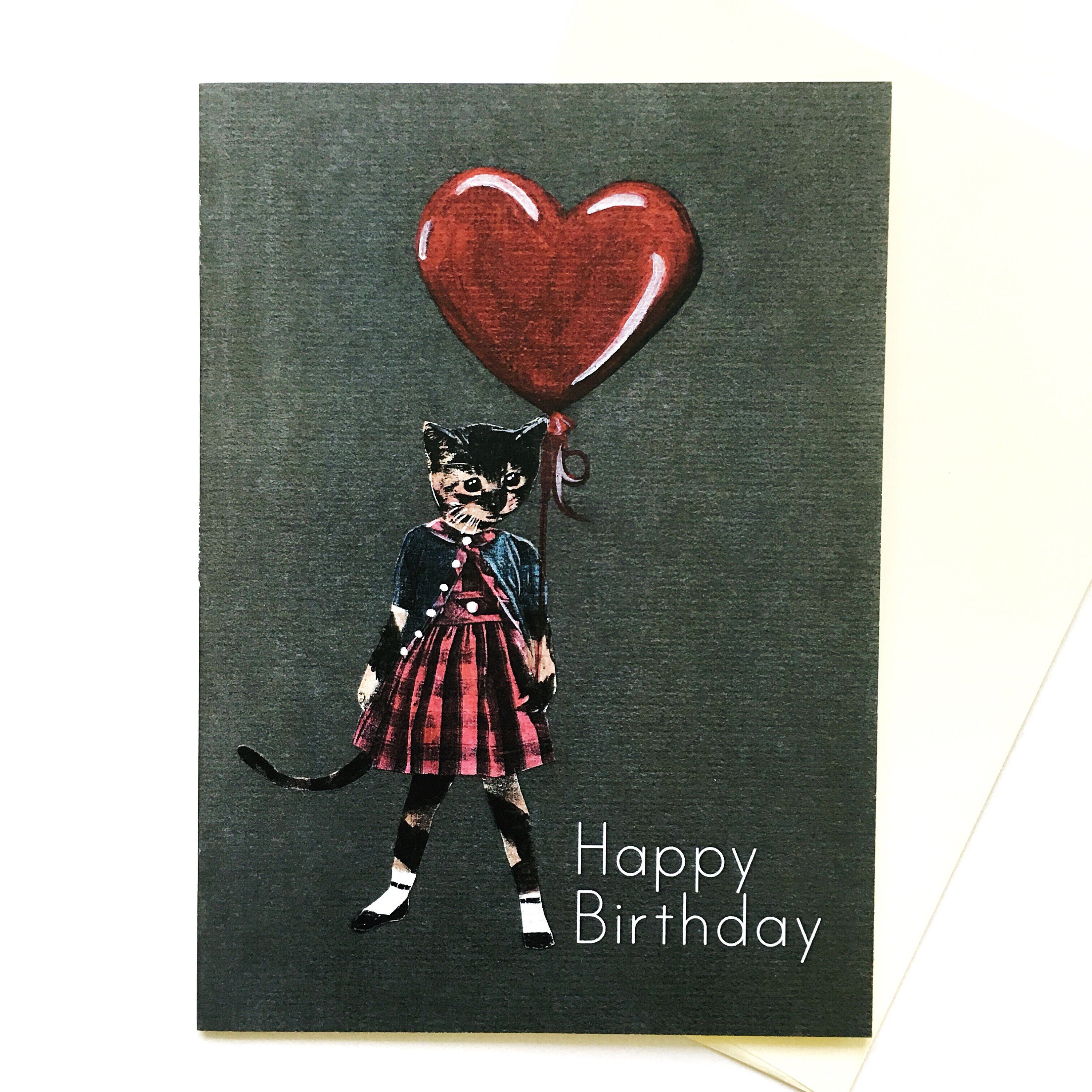 Happy Birthday Cat Card, Heart Shaped Balloon, Quirky Cats Cards, Dressed Up Kitty, Little Girl  Retro Cat Art, Weird Cards Stationery Love - Thumbnail 2