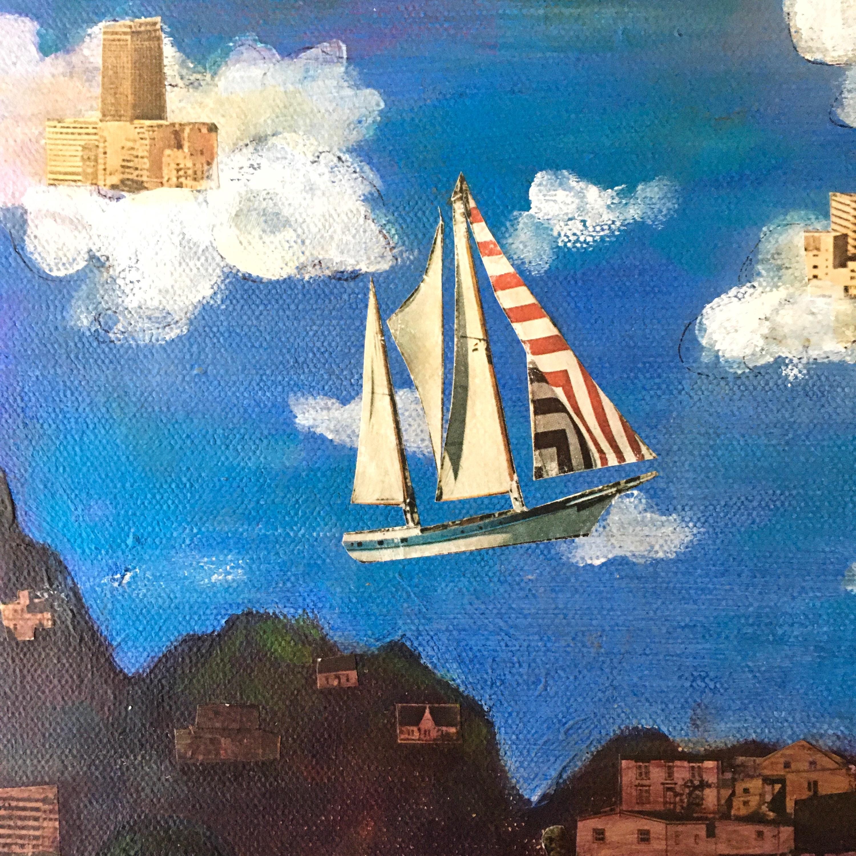 Sailing Abstract Painting, Mountain Landscape Cave Inspired Colorful Mixed Media Art, Collage Wall Painting, Original Acrylic Wall Art - Thumbnail 3