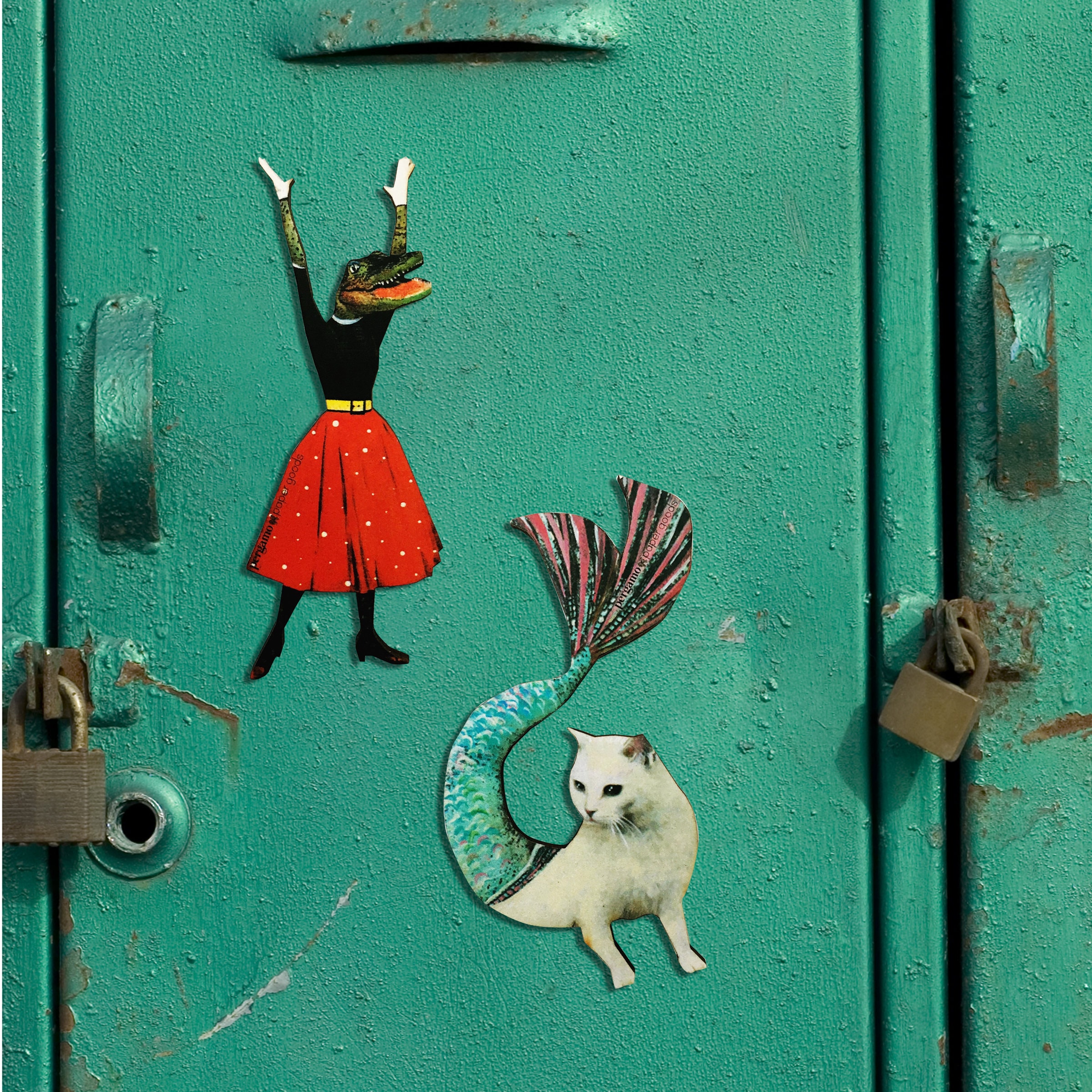 Animal Magnet Set, Alligator and Mermaid Cat Refrigerator Magnets Fridge, Illustrated Laser Cut Wood, Weird Art Gifts, FL Florida Souvenir - Thumbnail 3