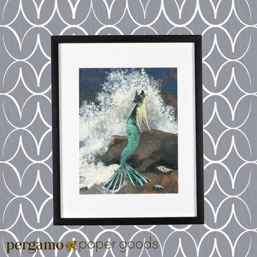 Mermaid Cat Art Print, 8x10" Mer-Cat Illustration, Weird Mermaid Decor, Bathroom Art, Crazy Cat Mom Lady, Beach House Funny Mixed Media - Thumbnail 3