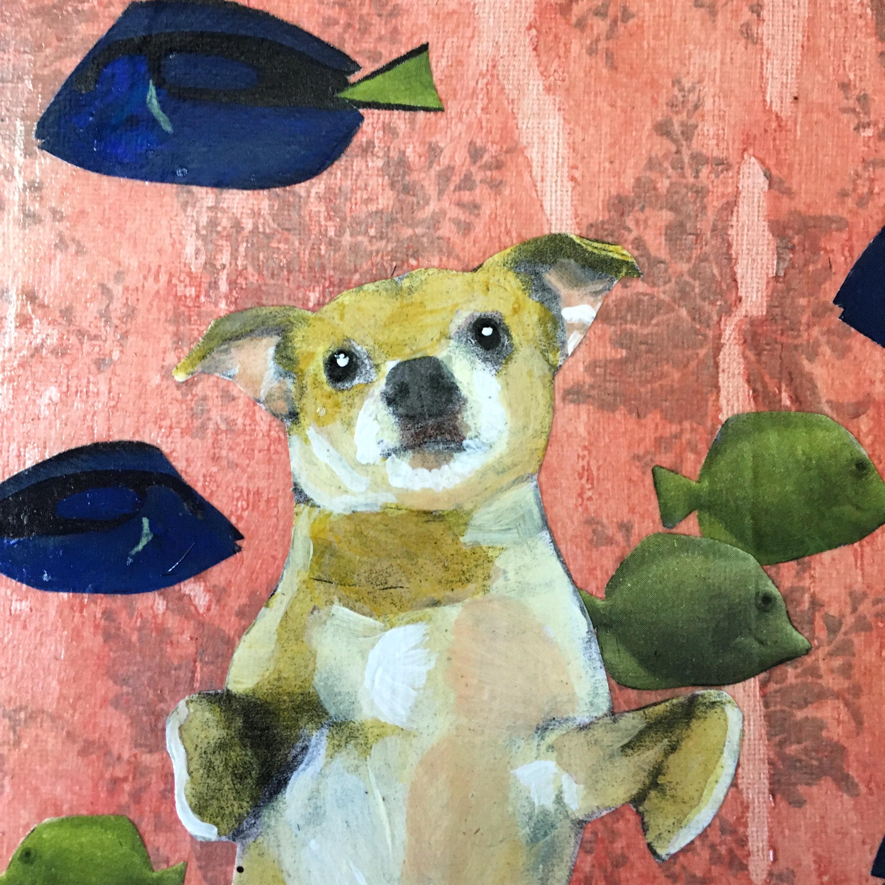Chihuahua Mermaid Painting, Retro Inspired Mixed Media Art, Collage Dog Wall Painting, Original Acrylic Wall Art, Weird Animal Lover Gift - Thumbnail 3