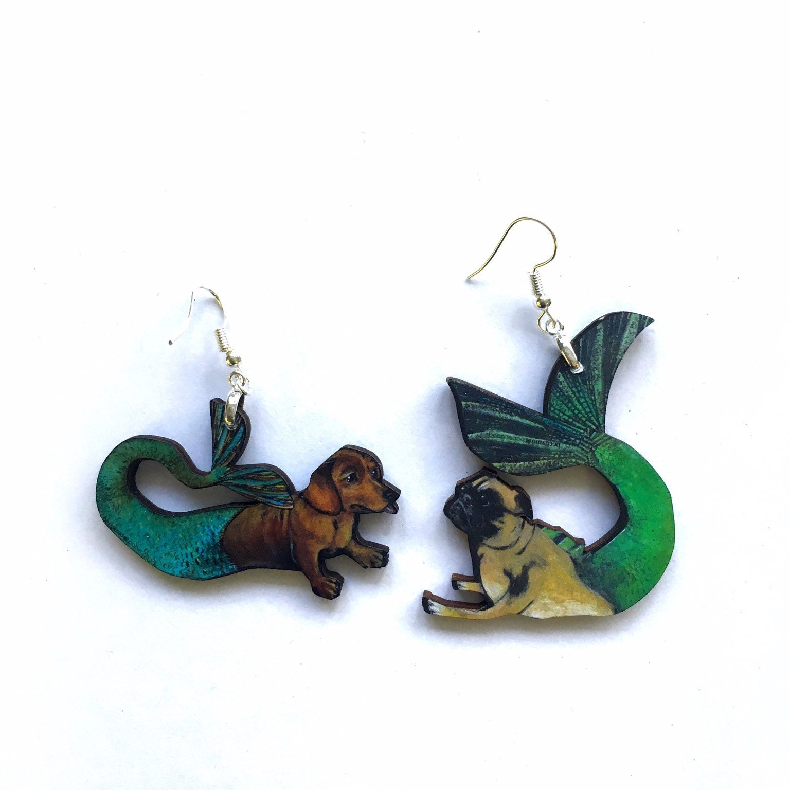 Mismatched Dog Earrings, Fun Mermaid Jewelry, Weird Earrings, Kitsch Pug and Dachshund Laser Cut Wood Animal Gifts, Animal Rescue Gift - Thumbnail 2