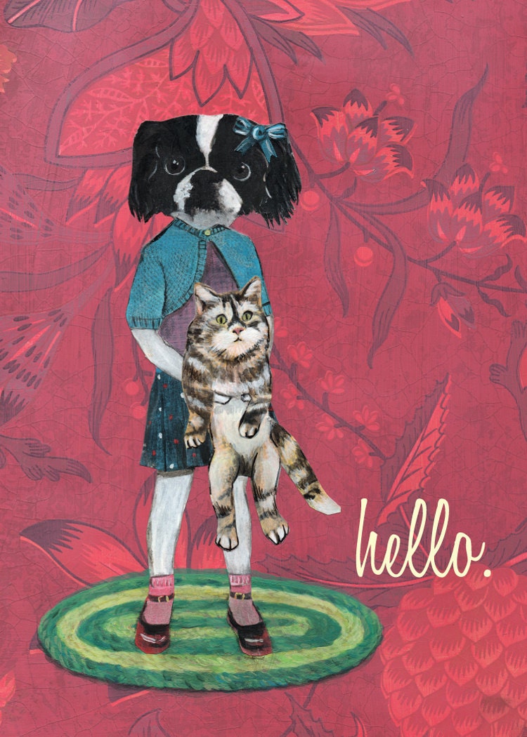 Japanese Chin Card, Hello Blank Dog Greeting Cards, Vintage Dogs and Cats Weird Art, Unique Handmade Collage Stationery - Thumbnail 2