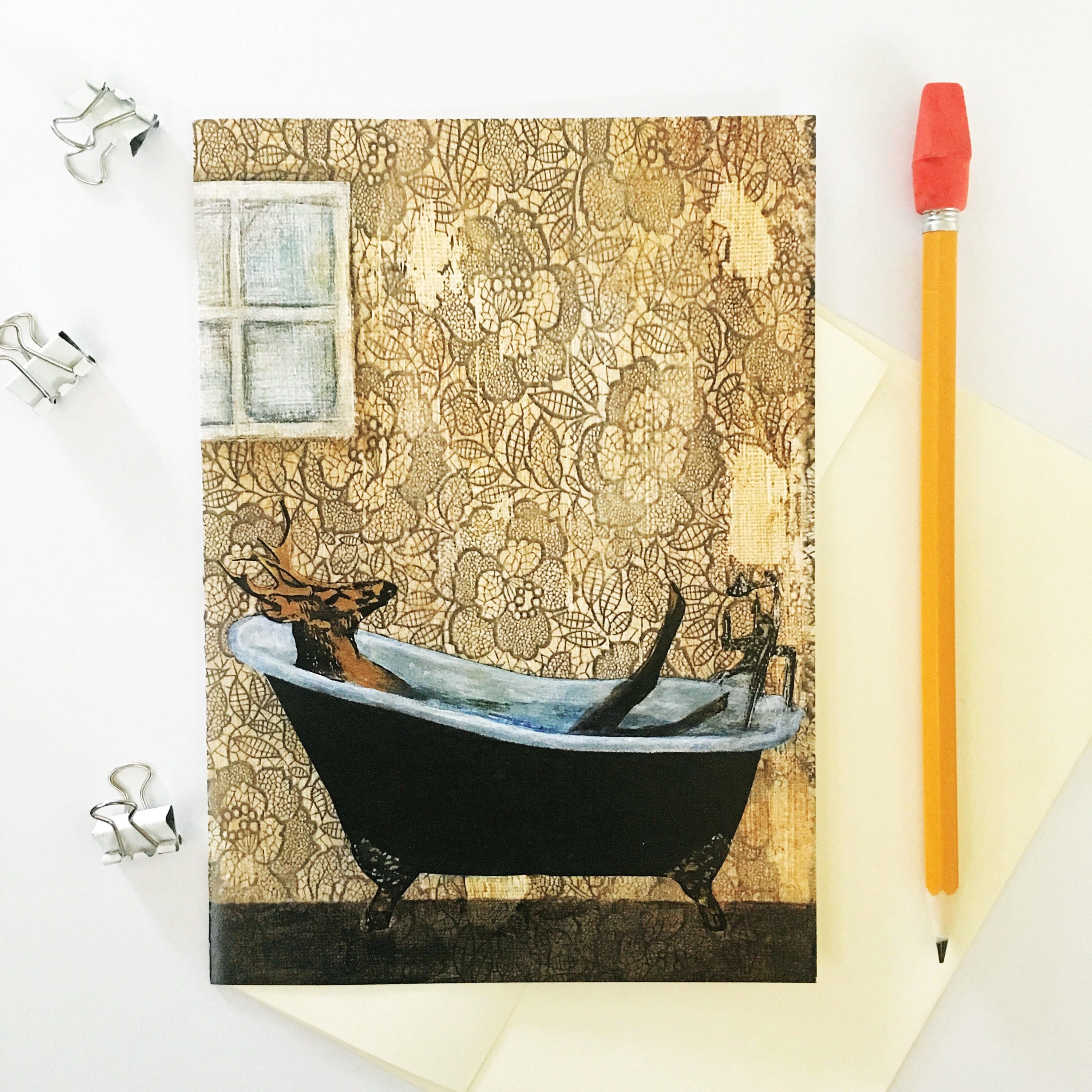 Weird Cards, Deer Bathtub Buck Blank Greeting Card, Retro Animal Stationery, Weird Art, Cards for Men, Quirky Dad Son Father's Day, Bathroom - Thumbnail 3
