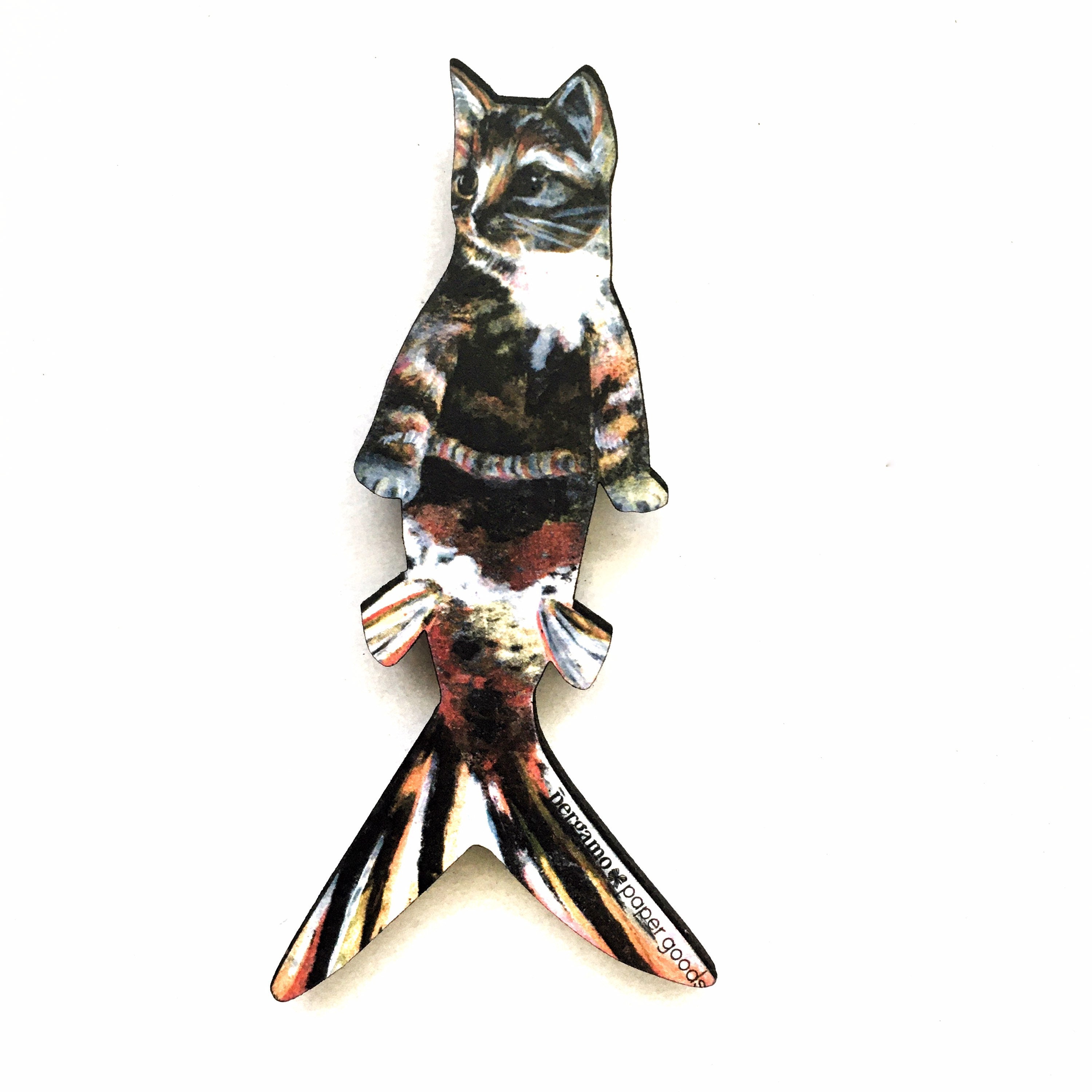 Mermaid Cat Magnet, Kitsch Tabby Orange Cat Mermaid, Weird Animal Magnets Fridge, Teacher Housewarming Gift, Back to school, Retro Surreal - Thumbnail 2