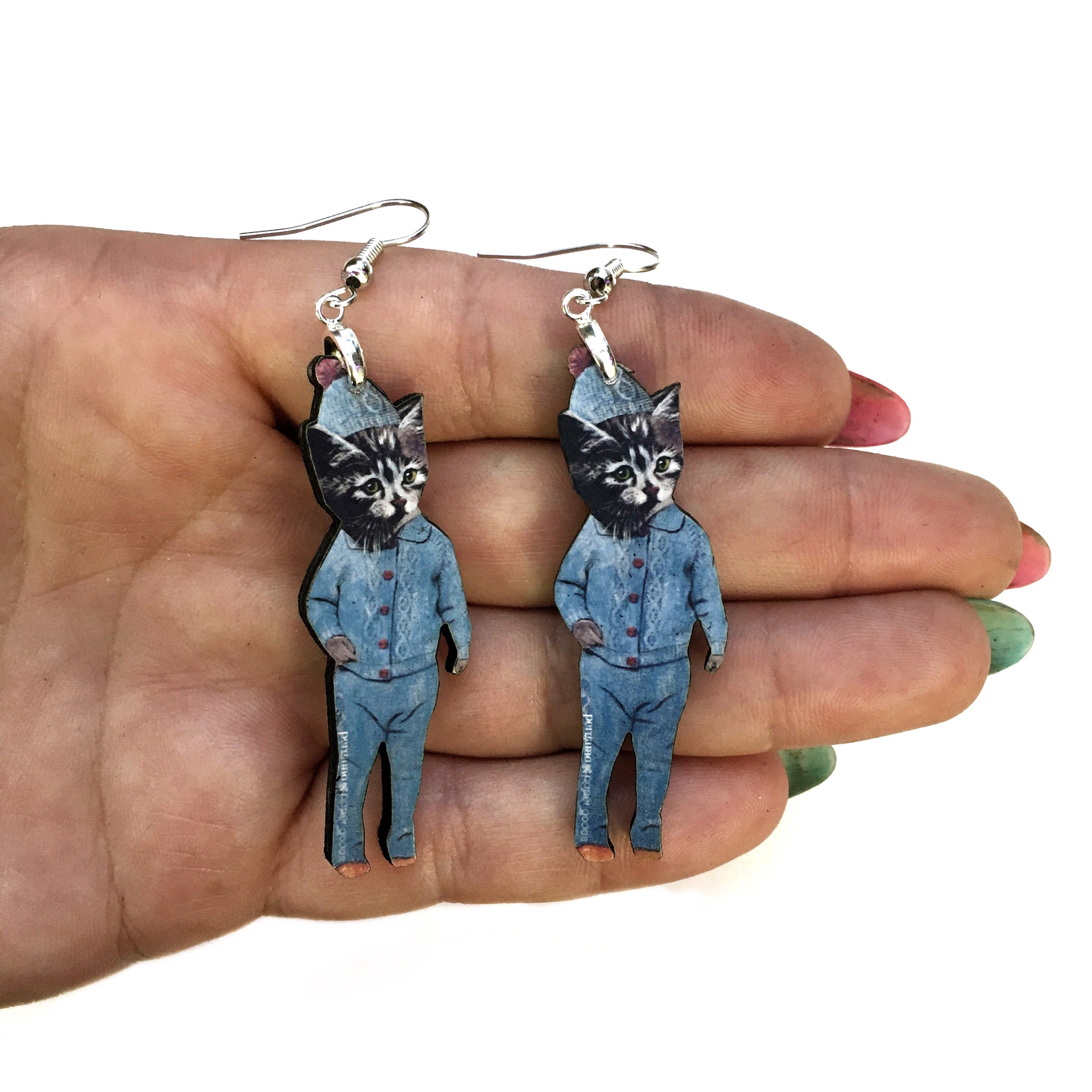Cat Earrings, Weird Kitsch Kitten Jewelry, Funky Quirky Stainless Steel Dangle Earrings, Illustrated Retro Cat Art, Vintage Illustration, - Thumbnail 2