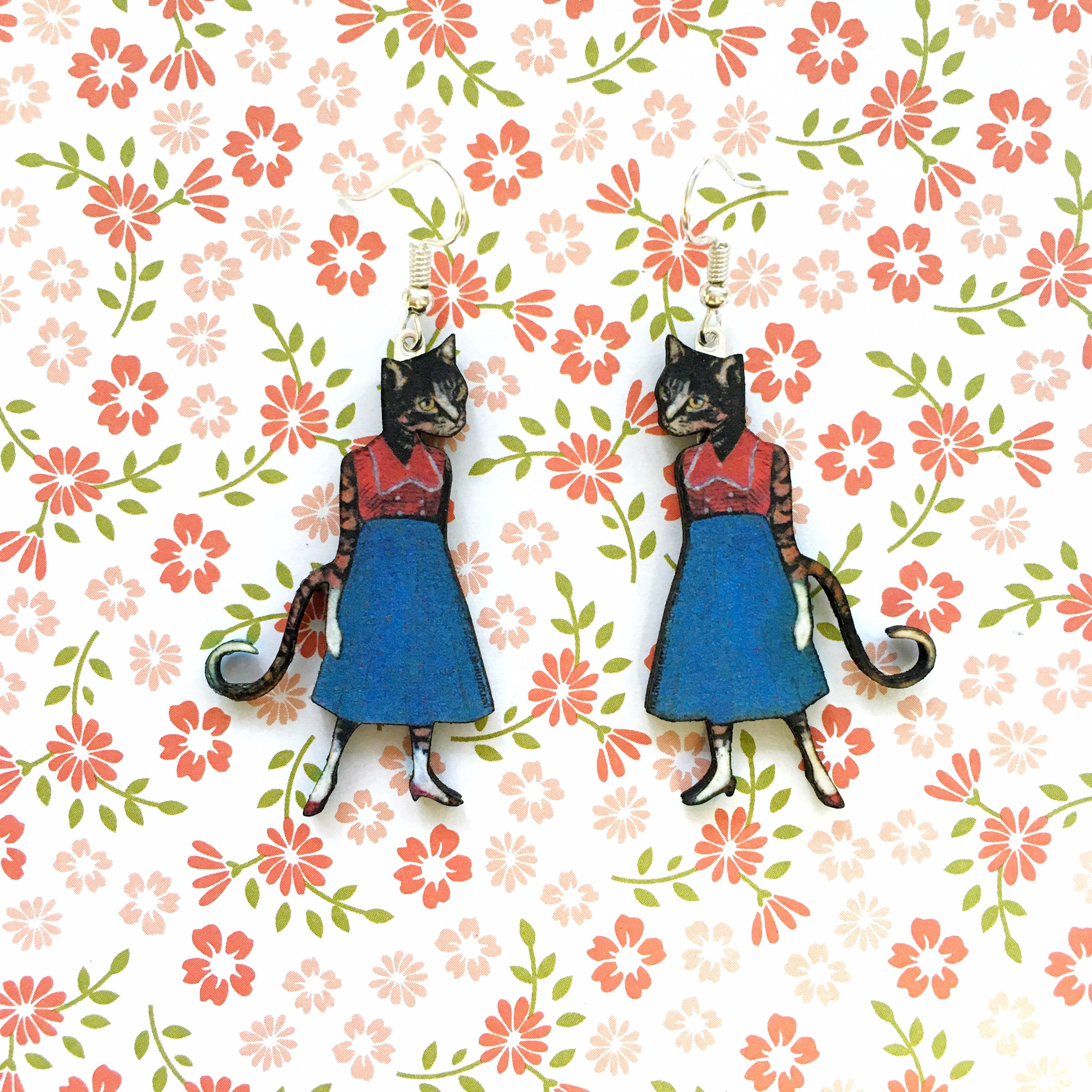 Retro Cat Earrings, Cat Lover Jewelry, Weird Earrings Kitty Dangle Earrings, Illustrated Dressed Up Cats Clip On Ons - Thumbnail 3
