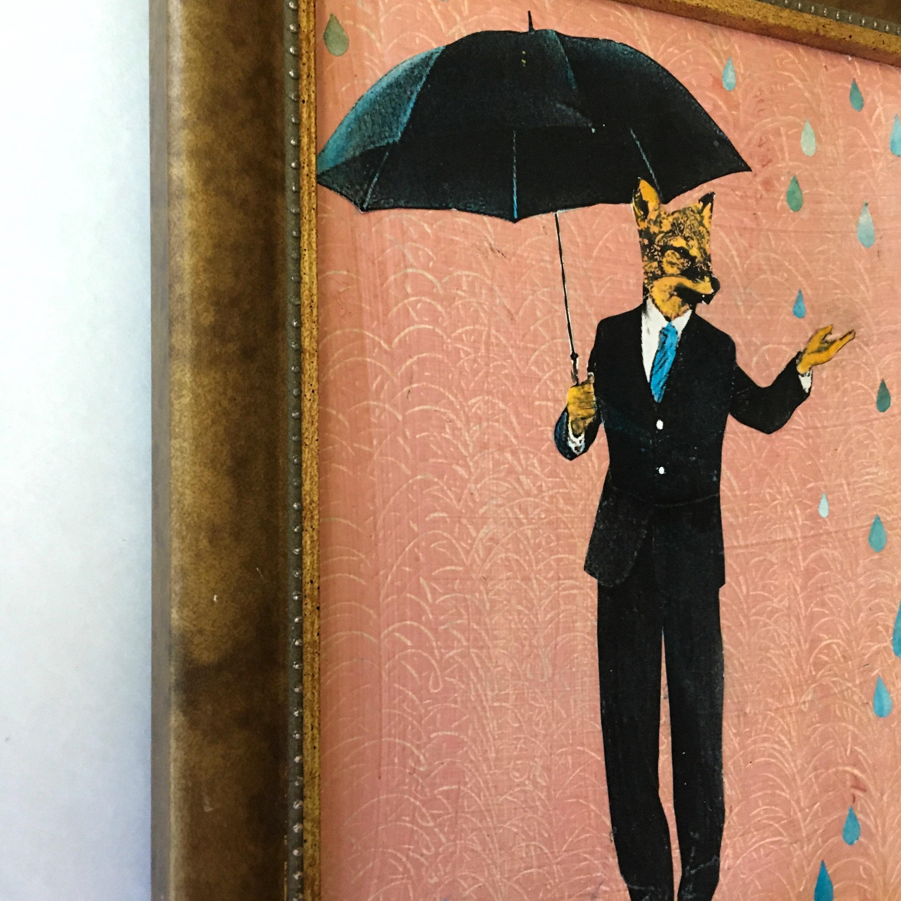 Rain Fox Art, Vintage Animal Mixed Media Painting, Strange and Unusual Collage, Kitschy Cute Inspired Decor, Kitsch Retro Art for Men - Thumbnail 2