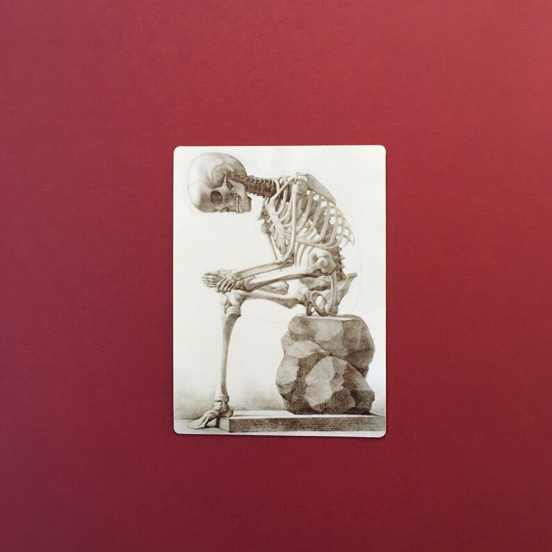 May include: A detailed pencil drawing of a human skeleton sitting on a rock. The skeleton is in a contemplative pose with its head resting on its hand.