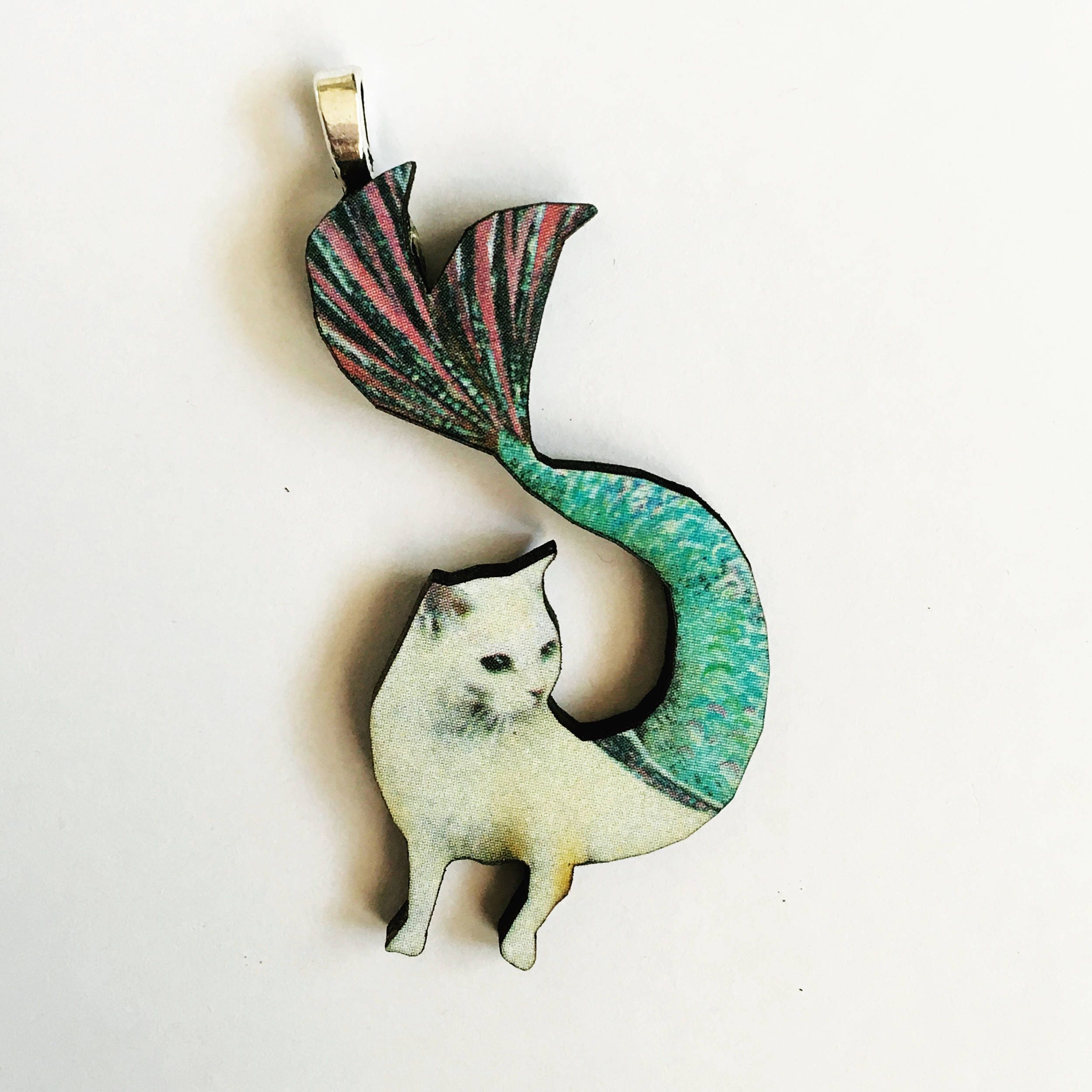Mermaid Cat Pendant Necklace, White Cat Jewelry Weird, Laser Cut Wood, Illustrated Mermaid Retro Cats Vintage Surreal Illustration Kitty - Thumbnail 4